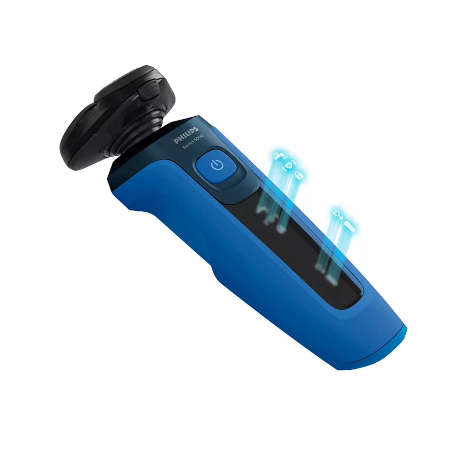 Blue and black Philips Series 5000 electric shaver.  A power button is visible. Angled view.
