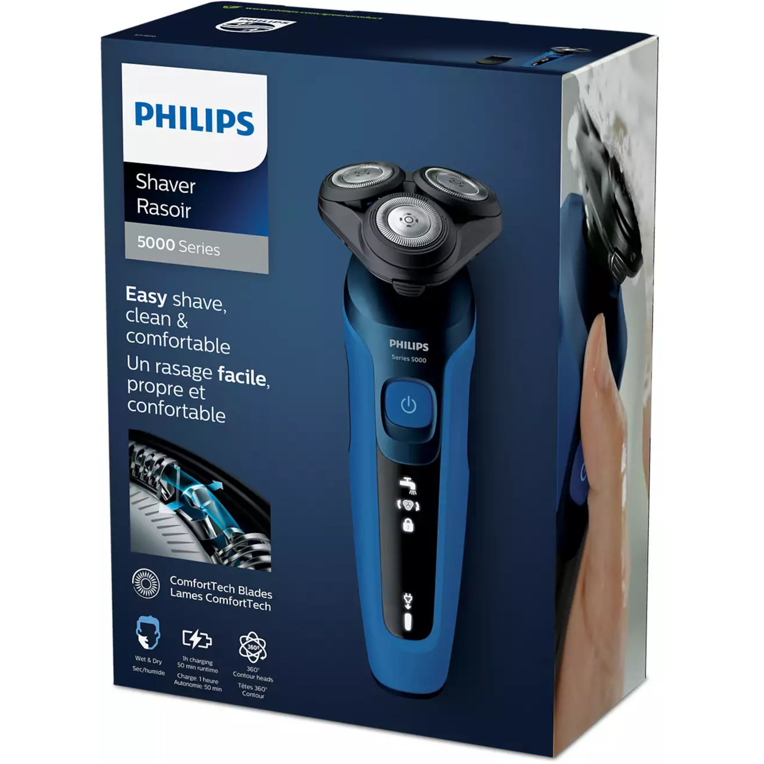 A Philips shaver box with a blue shaver and an image of a man shaving.