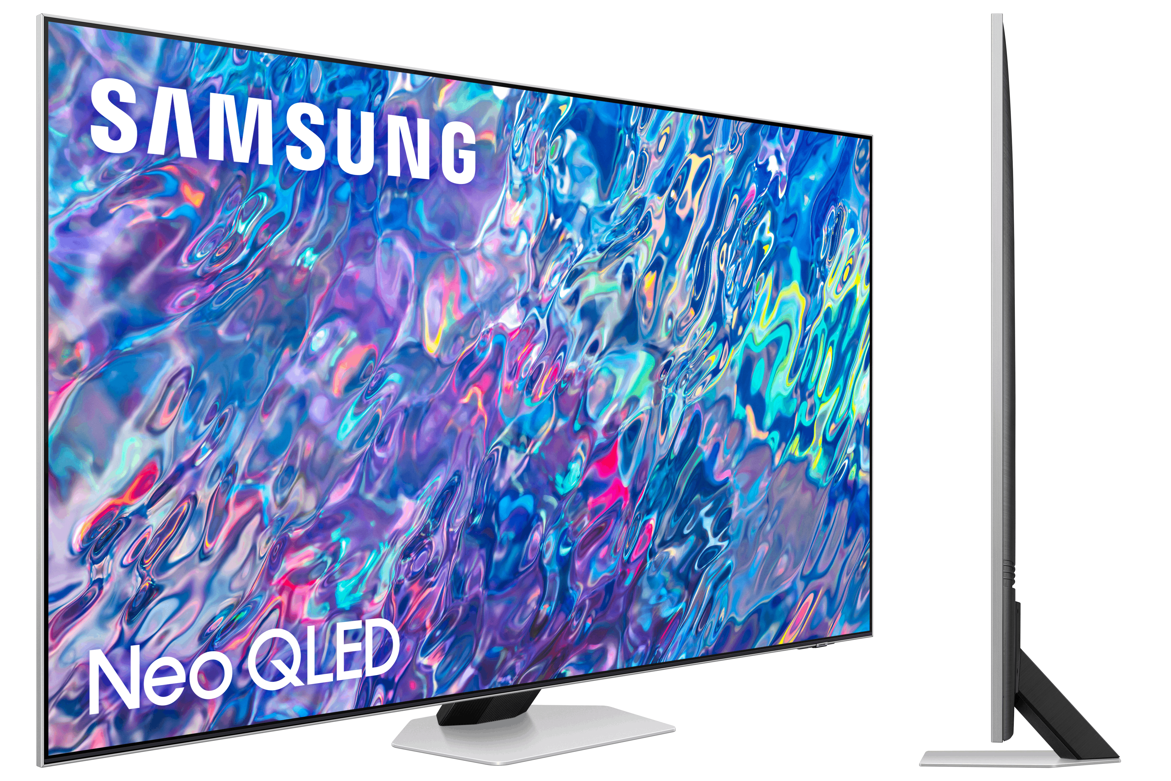 Un televisor Samsung Neo QLED 8K grande, que muestra una imagen abstracta brillante. El televisor es negro.