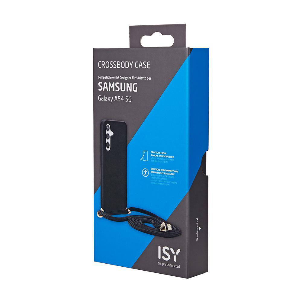 Schwarze Handyhülle mit schwarzem Riemen, verpackt in einer blau-schwarzen Box.