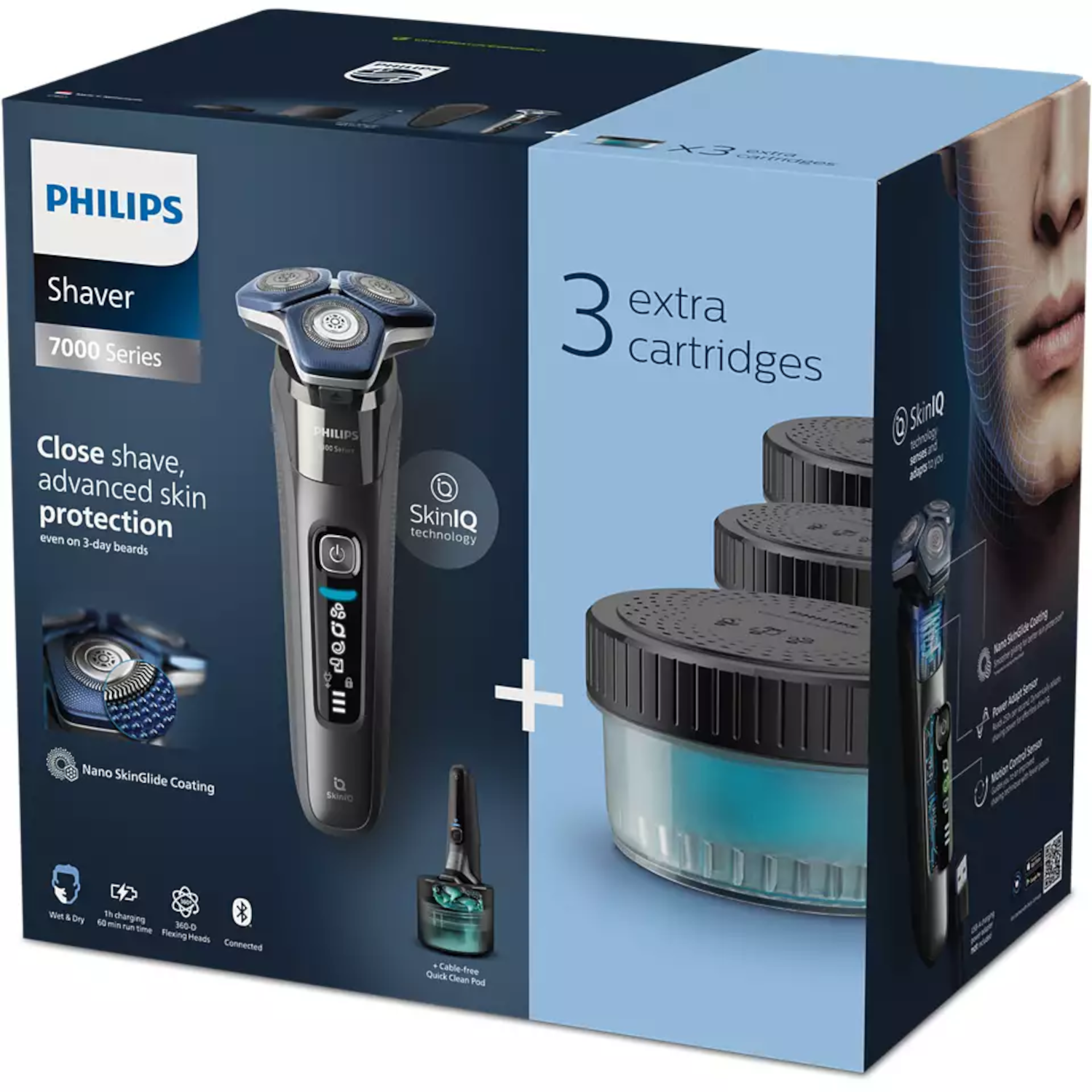 Doos met een Philips scheerapparaat en drie extra cartridges. De doos is blauw en wit.