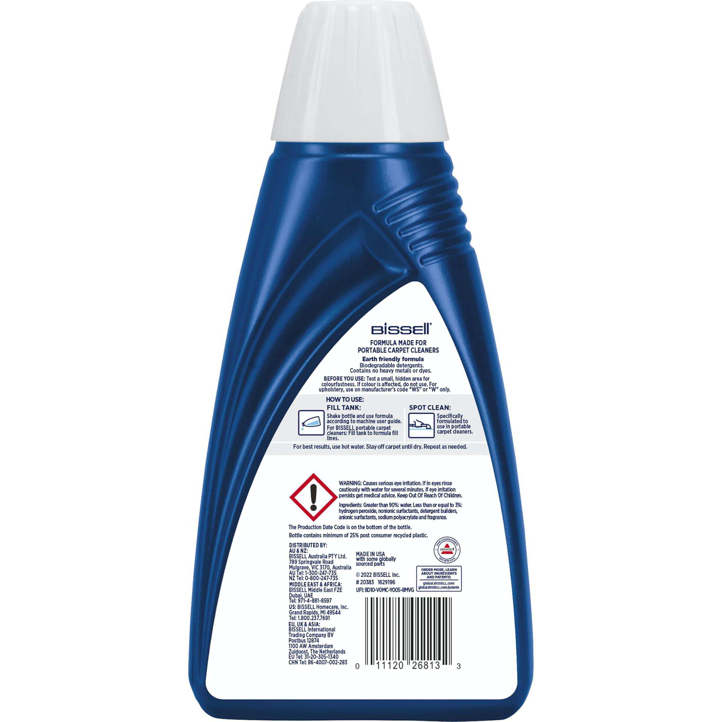 Blaue Flasche Teppichreiniger auf weißem Hintergrund. Produktinformationen werden angezeigt.