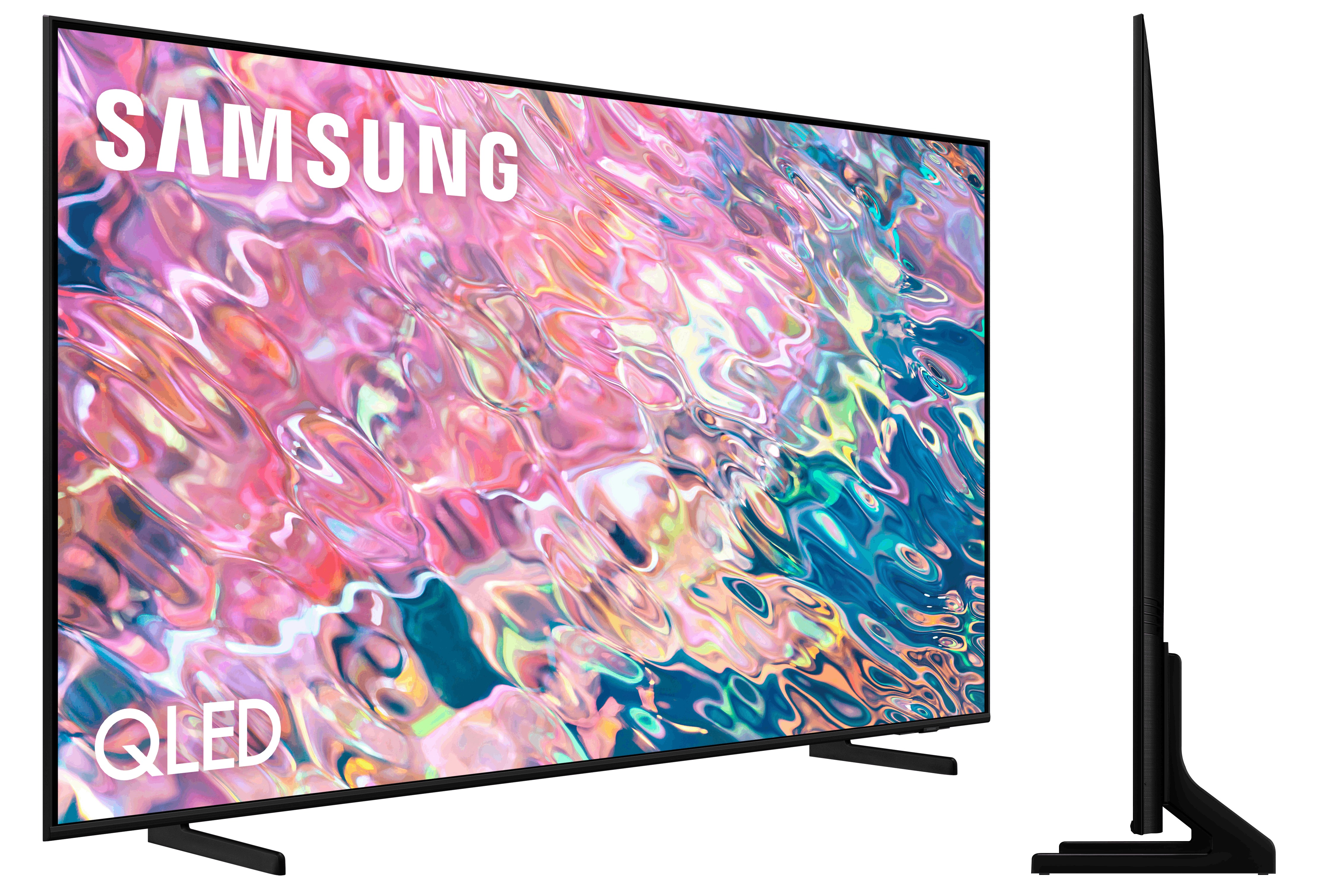 Televisor Samsung QLED grande. Vista lateral muestra perfil delgado. Pantalla muestra imagen abstracta y colorida.