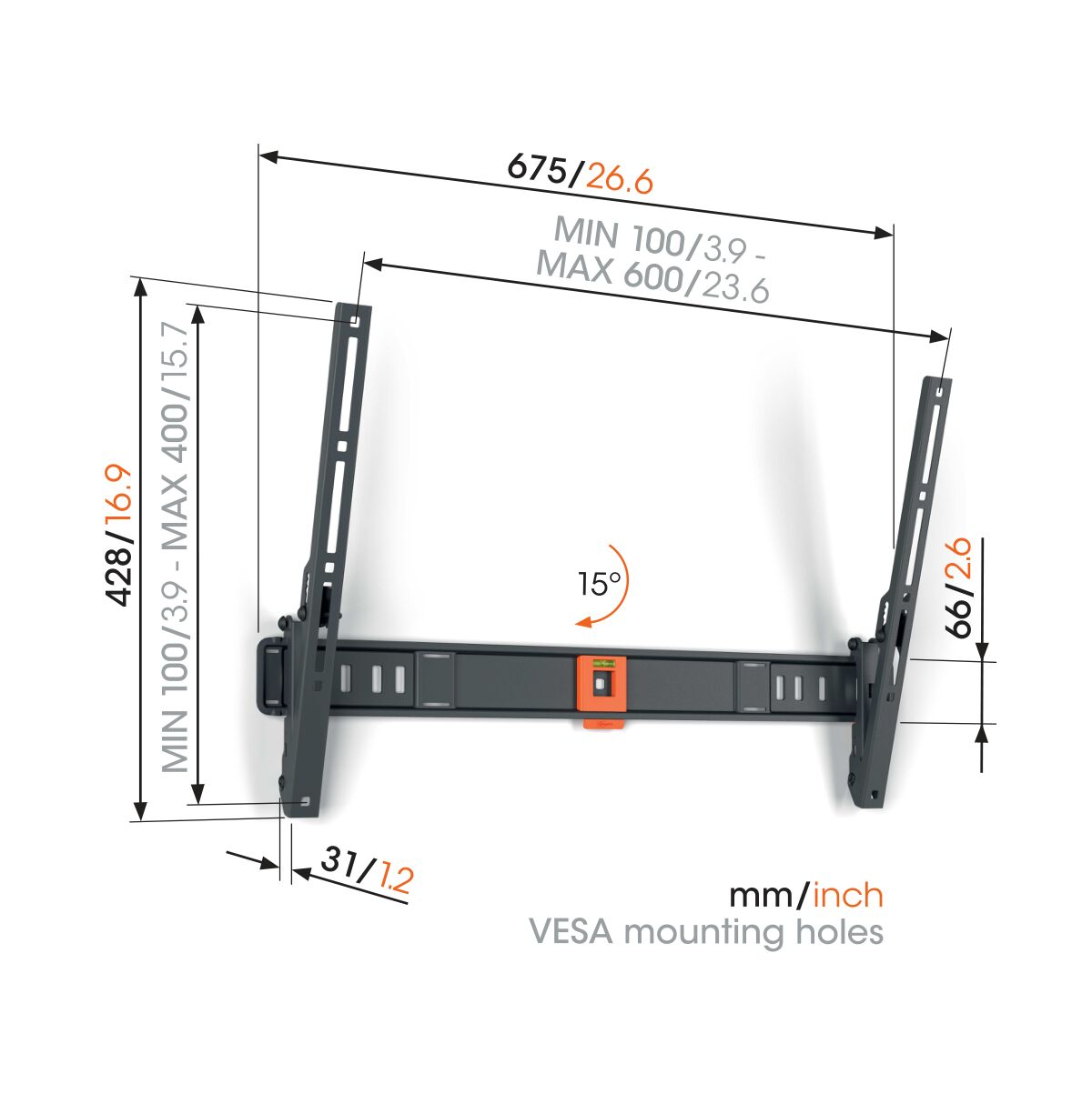 Soporte de TV negro y gris con dimensiones e información de ángulo.