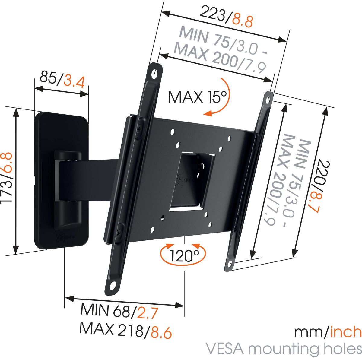 Un soporte de pared para TV negro con dimensiones e indicaciones de ángulo en mm/pulgadas.