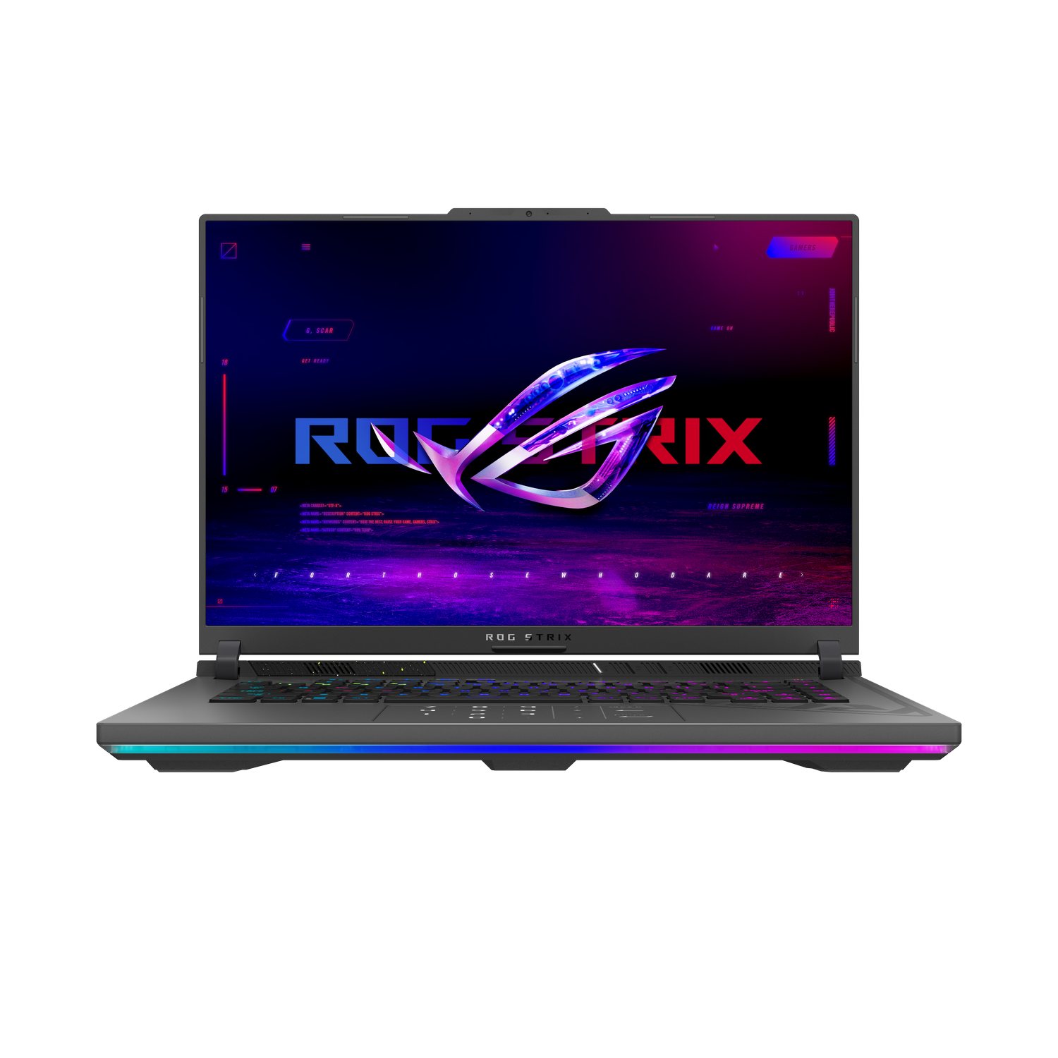 Een gaming laptop met een kleurrijk verlicht toetsenbord. Het scherm toont een ROG-logo.