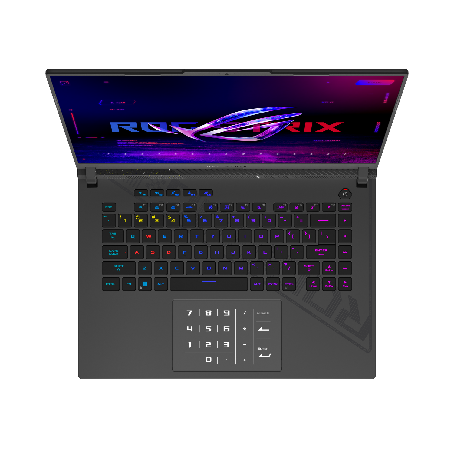 Een laptop met een kleurrijk toetsenbord. Het scherm toont een kleurrijke afbeelding. De achtergrond is zwart.