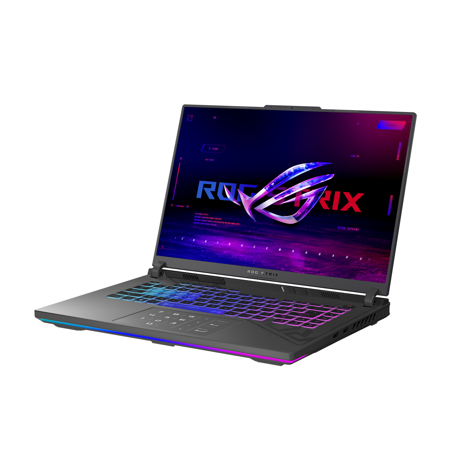Opengeklapte laptop met een ROG STRIX-ontwerp op een donkere ondergrond, schuine weergave.