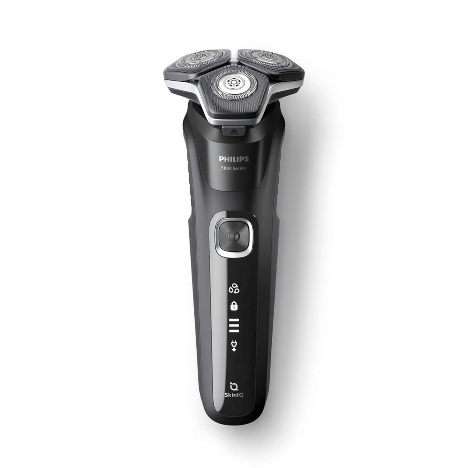 Black Philips electric shaver, top view. It has three shaving heads, a power button, and indicator lights.