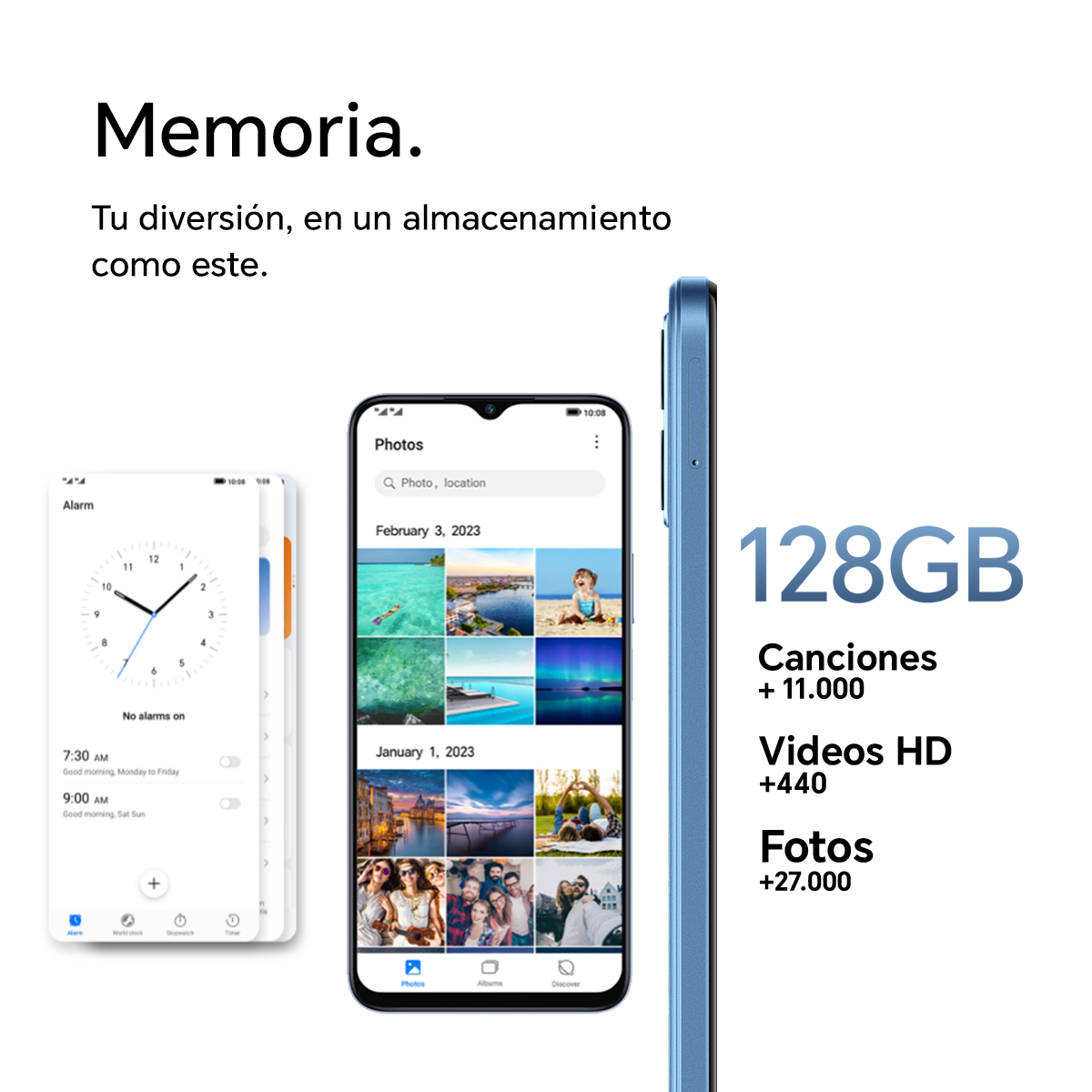 Un smartphone azul con interfaces de aplicaciones y texto. Tiene 128 GB de memoria.