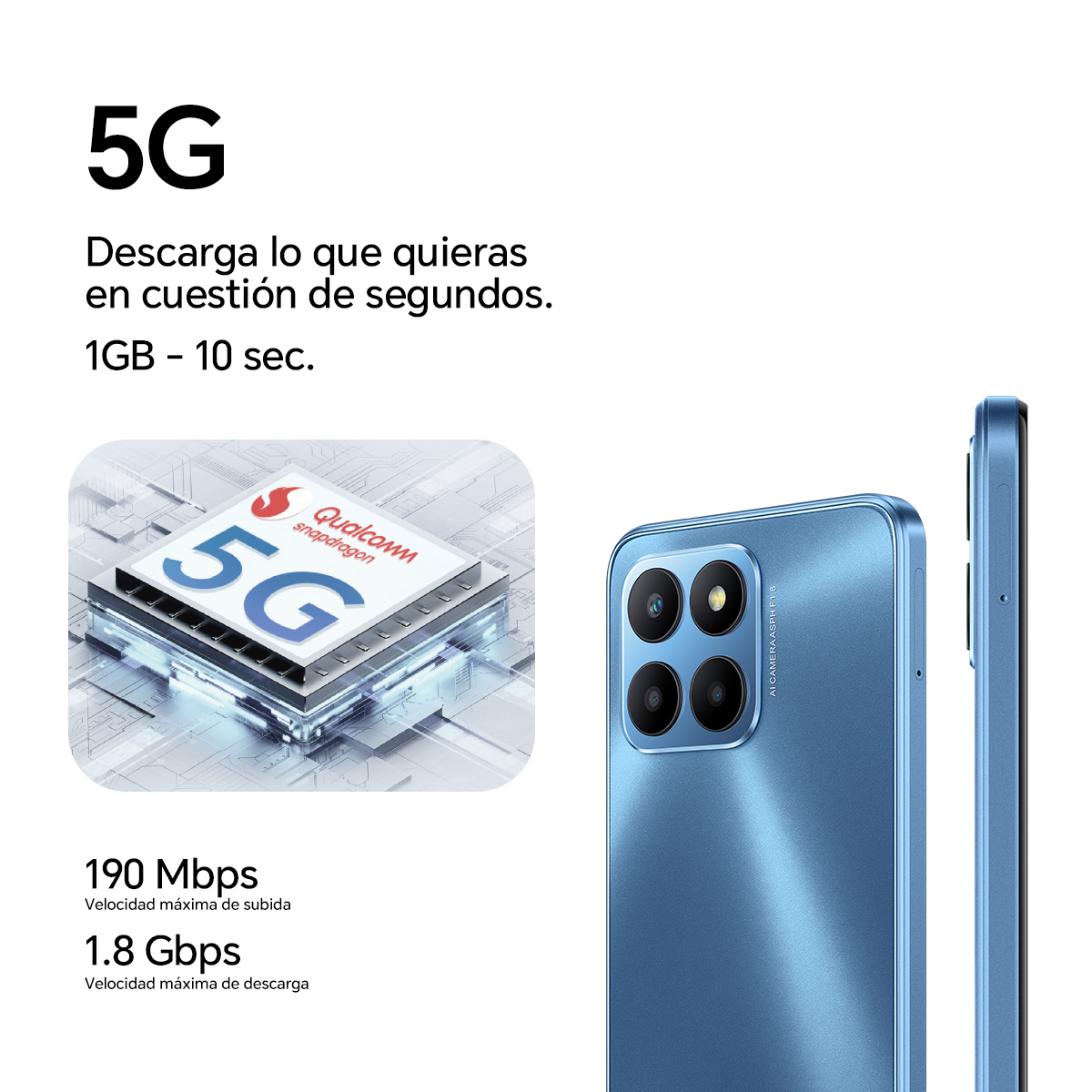 Smartphone azul con logo 5G y texto. Las especificaciones incluyen velocidades de descarga y subida. El teléfono se muestra de lado.