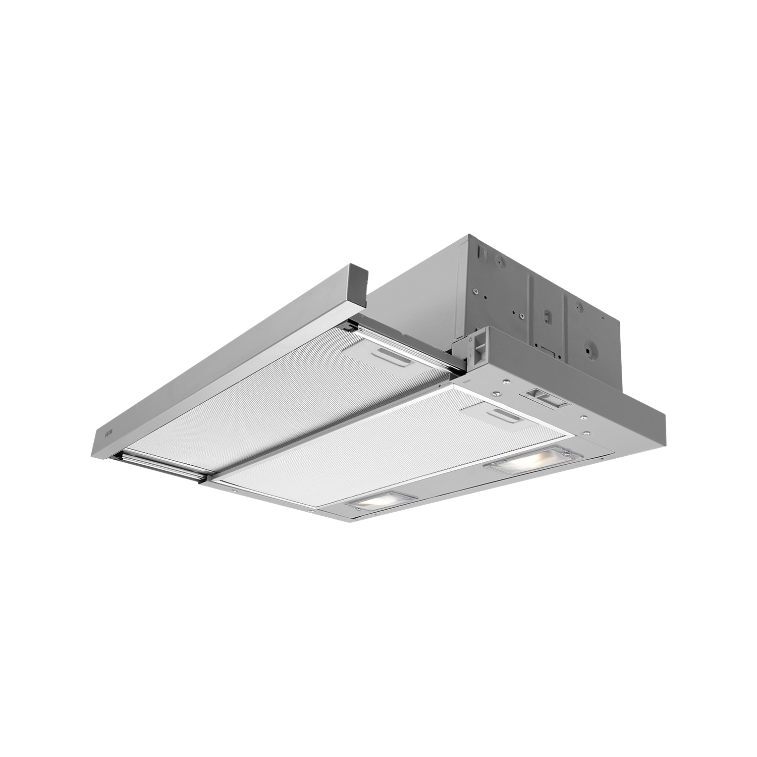 Een zilveren afzuigkap, gemonteerd op een zwarte achtergrond. Het heeft lampen en een filter.