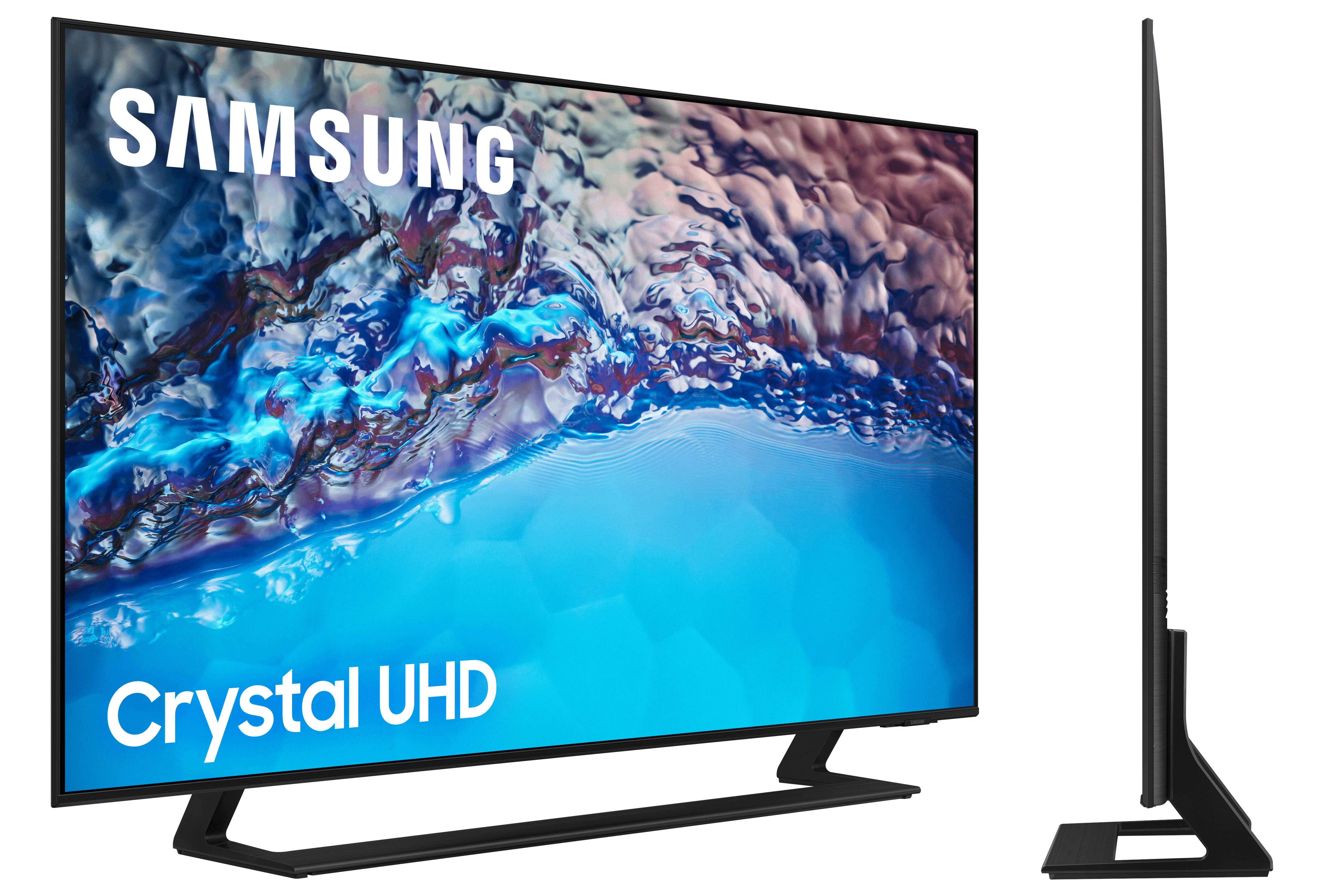 TV Samsung Crystal UHD, vista lateral. Marco y soporte negros. La pantalla muestra una imagen azul.