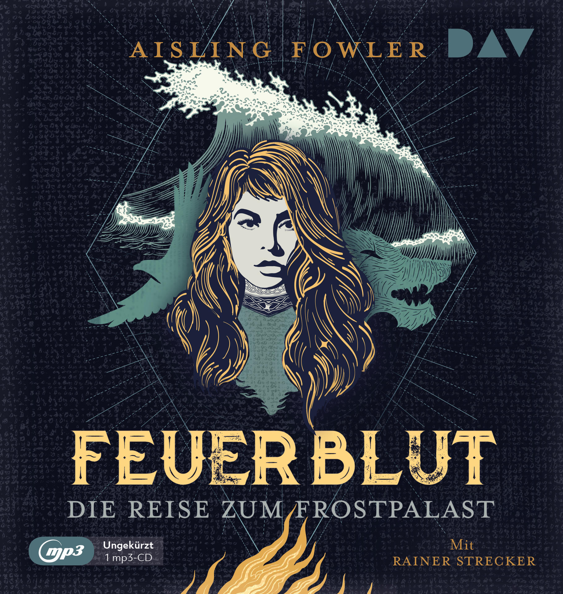 Hörbuchcover mit Frau, Wasserwelle und Wolf-Illustration, betitelt Feuerblut.