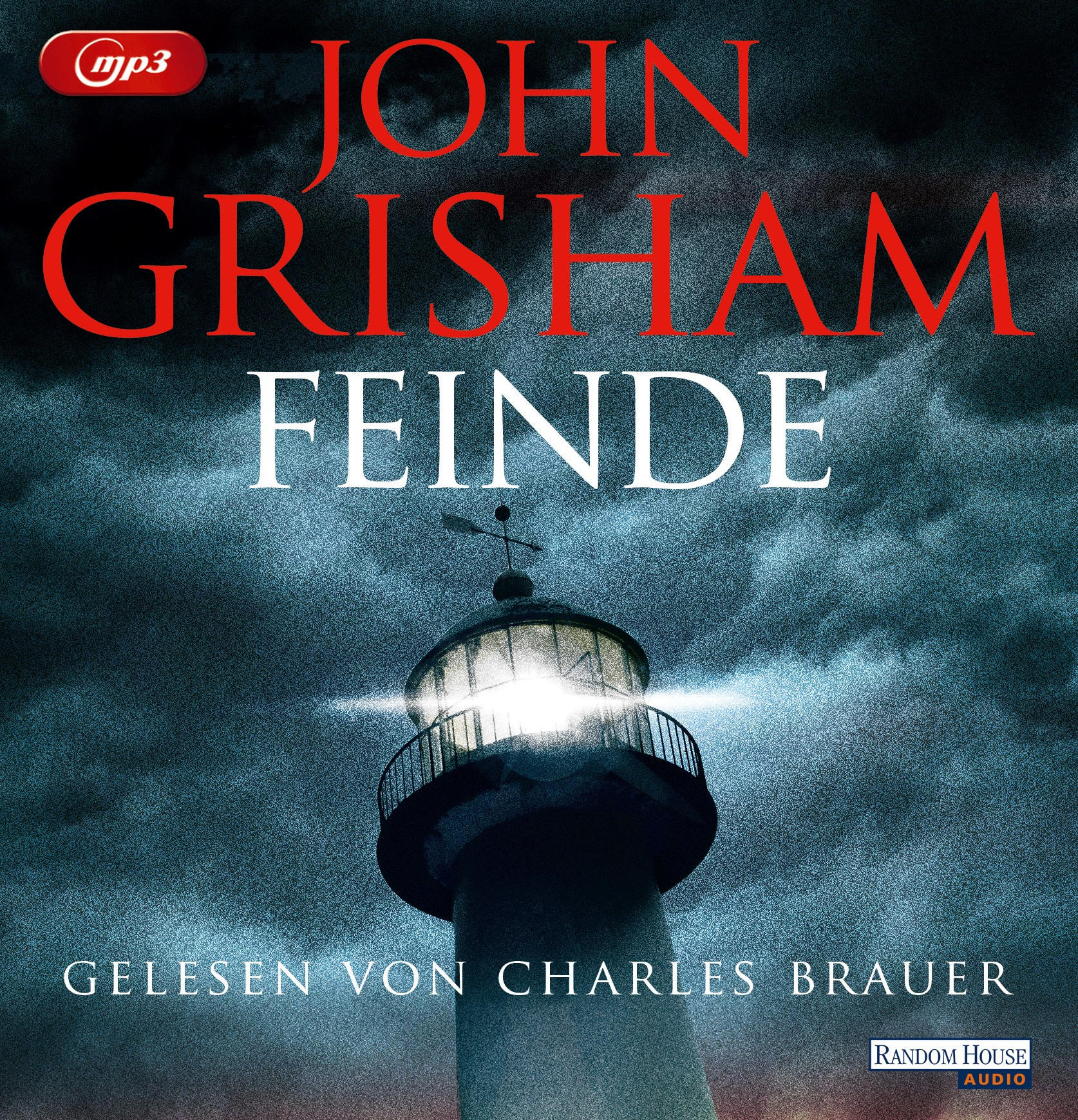 Buchcover von 'Feinde' von John Grisham. Ein Leuchtturm mit hellem Licht und dunklen Wolken.