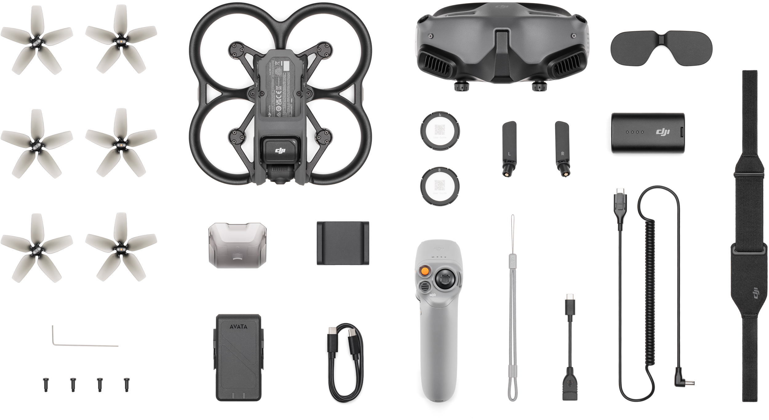 DJI Avata Drohnenkomponenten: Drohne, Brille, Fernbedienung, Akku, Propeller und Zubehör.