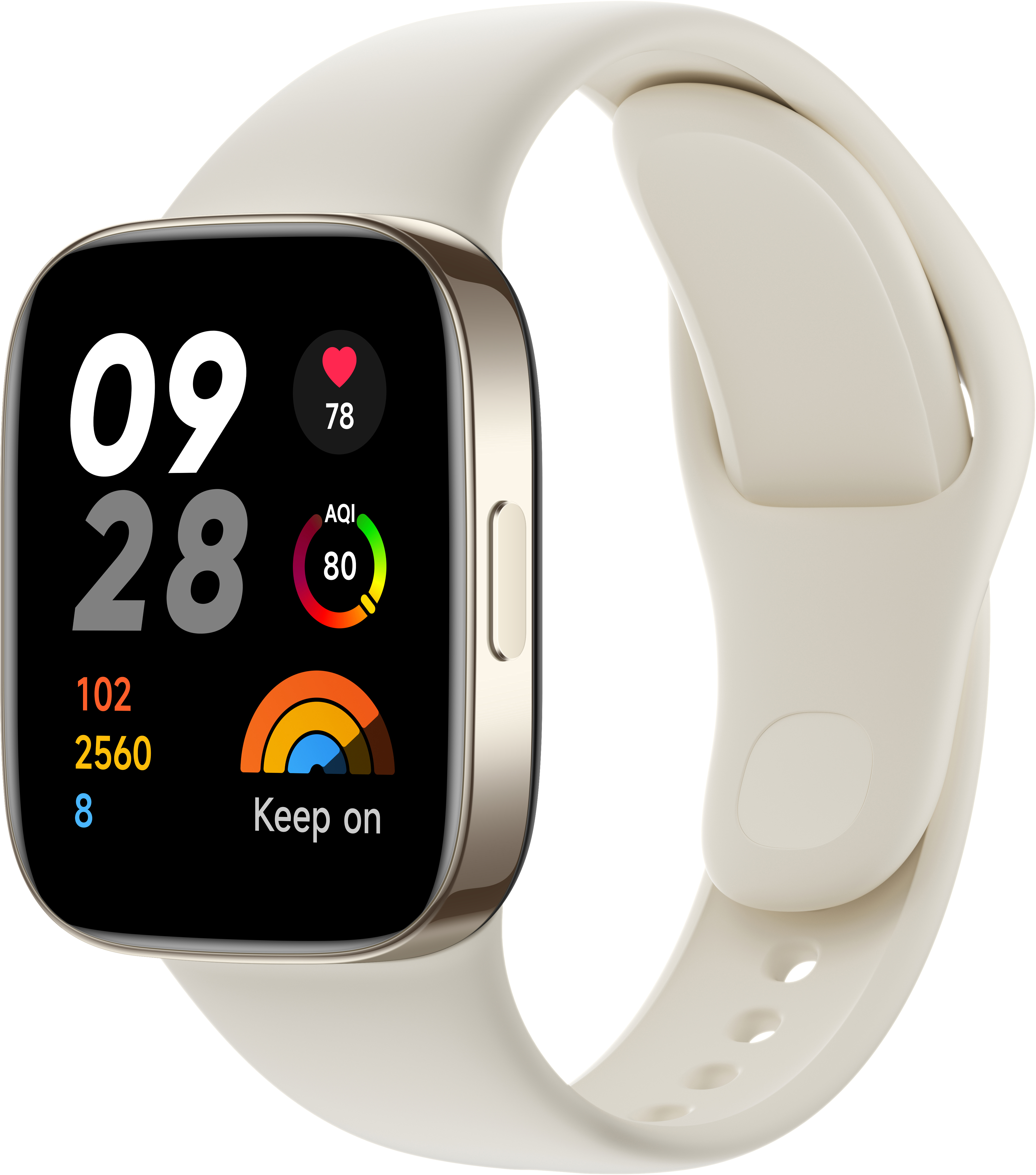 Smartwatch mit cremefarbenem Armband und einem Bildschirm, der Daten anzeigt.