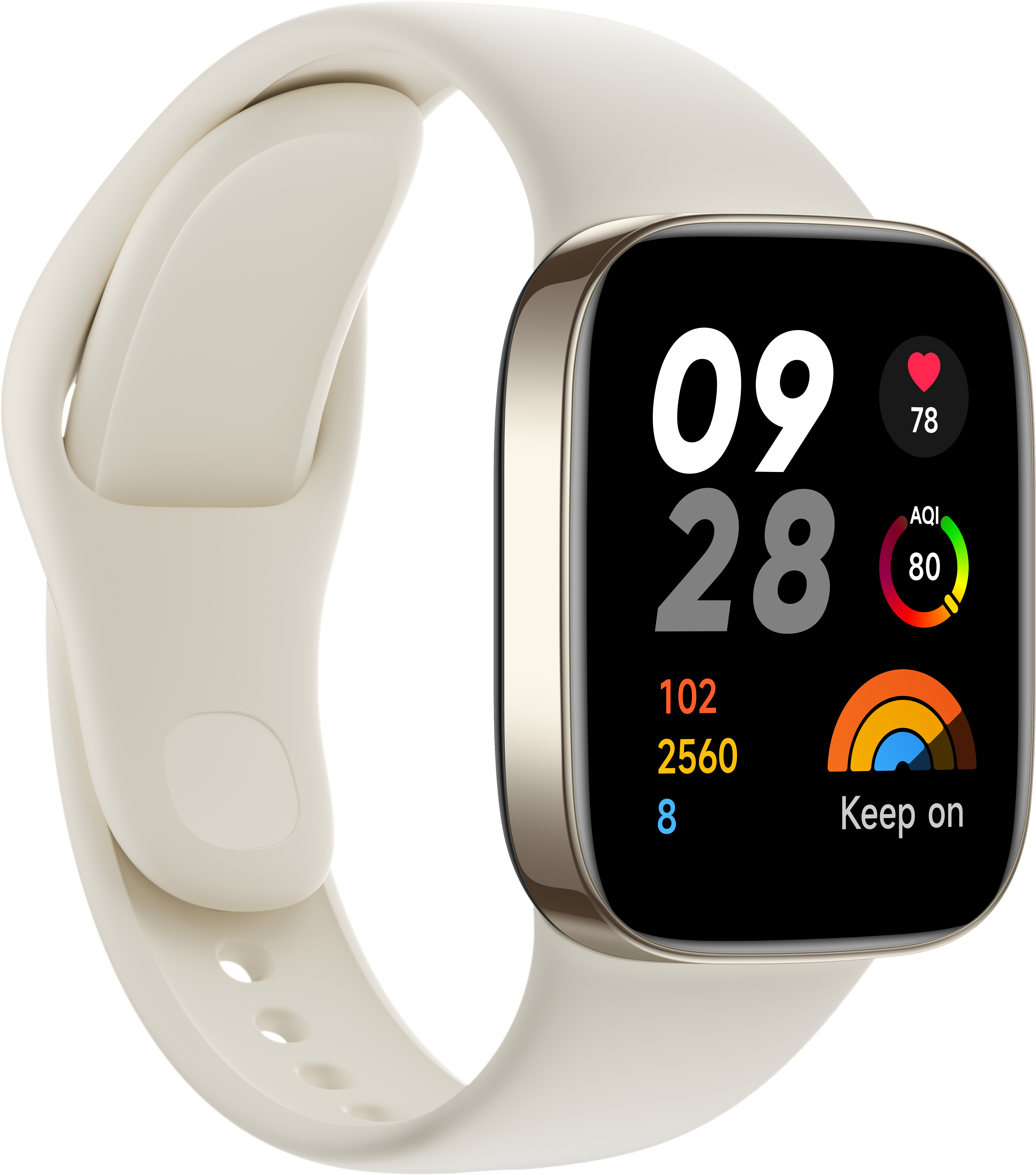 Smartwatch mit weißem Armband, zeigt Zeit und Gesundheitsmetriken mit farbenfrohen Symbolen.