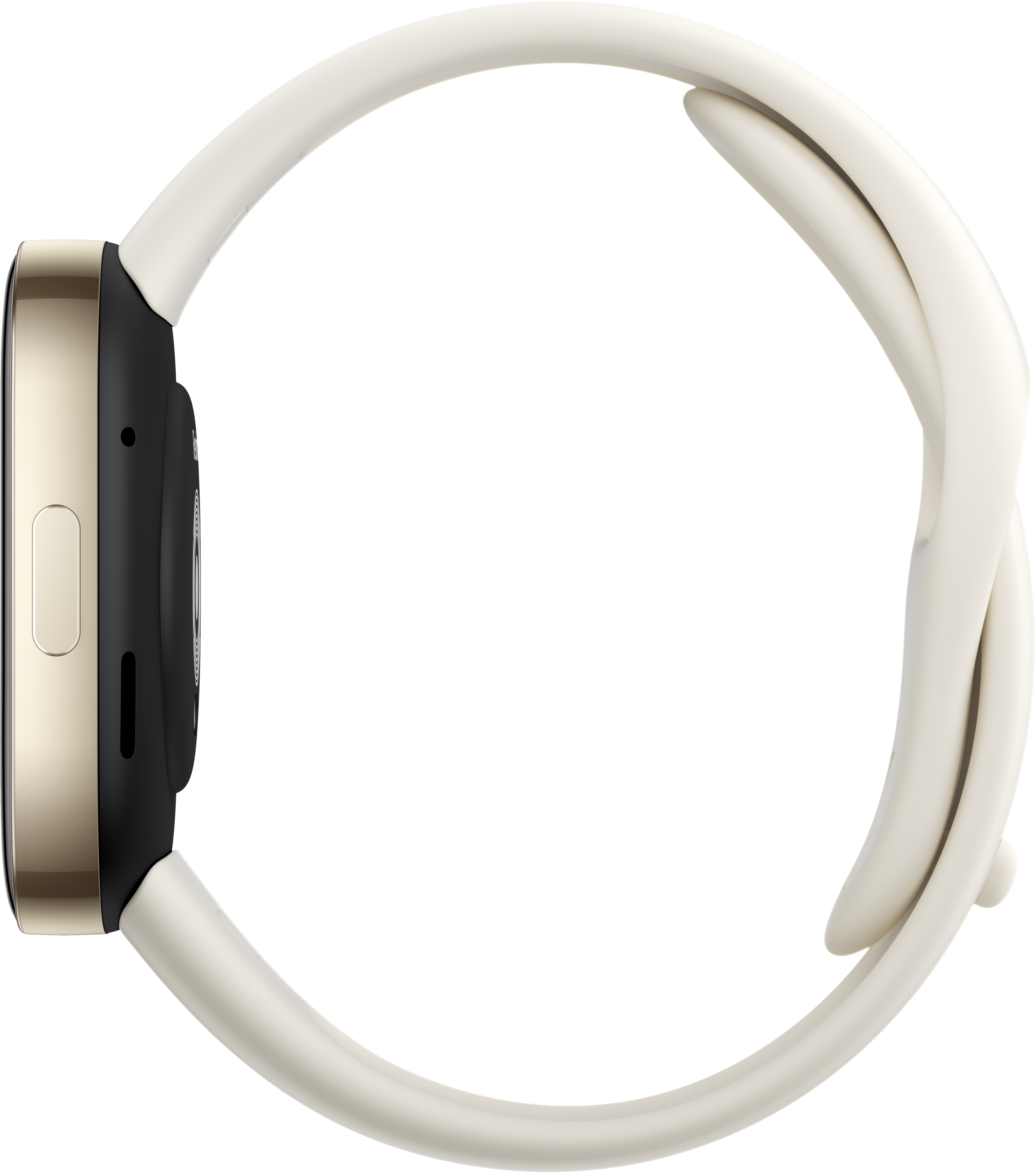 Smartwatch mit goldfarbenem Rahmen und weißem Armband, Seitenansicht.