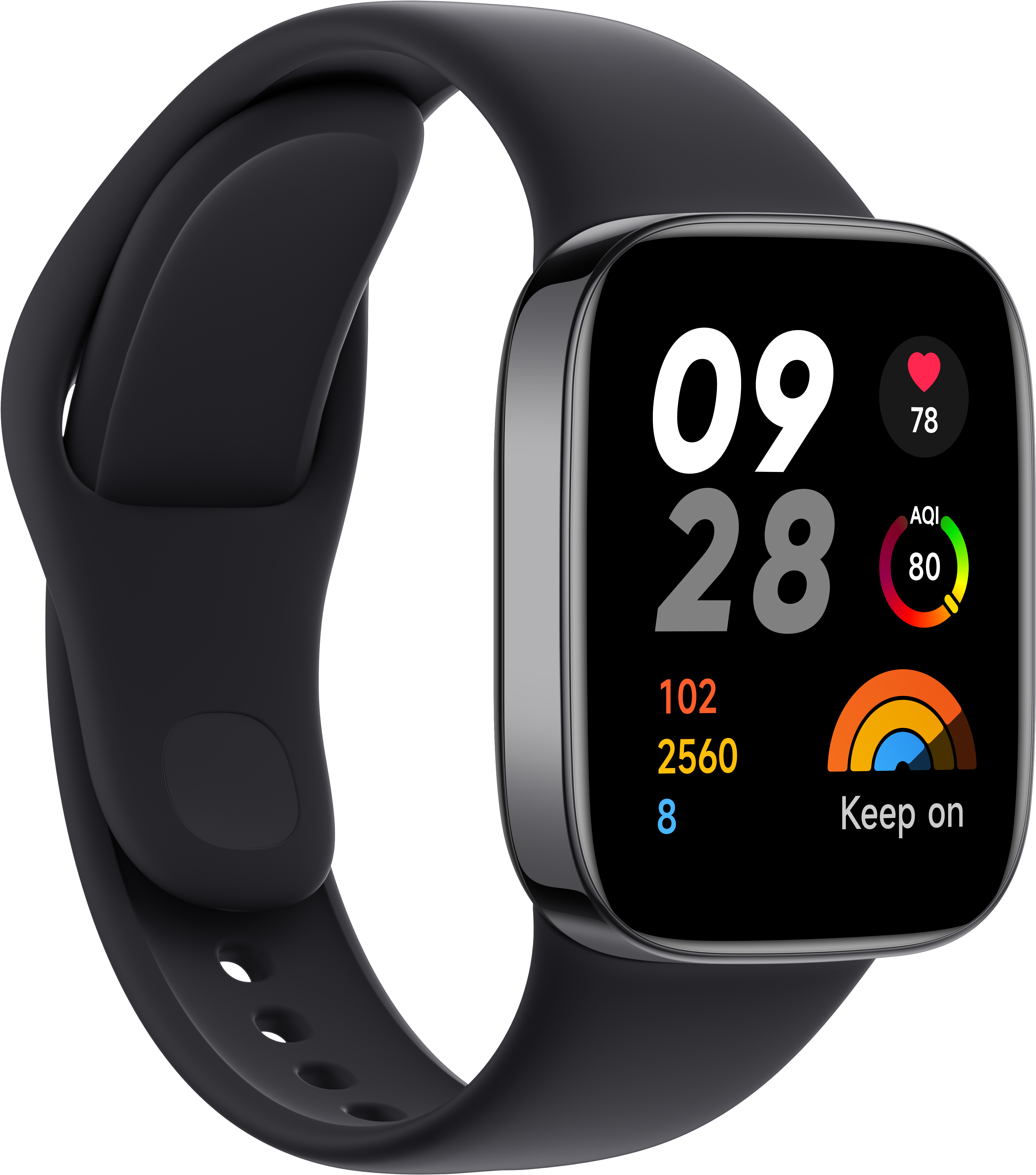 Eine schwarze Smartwatch mit quadratischem Display, zeigt Daten an, schwarzes Armband. Das Display ist an.
