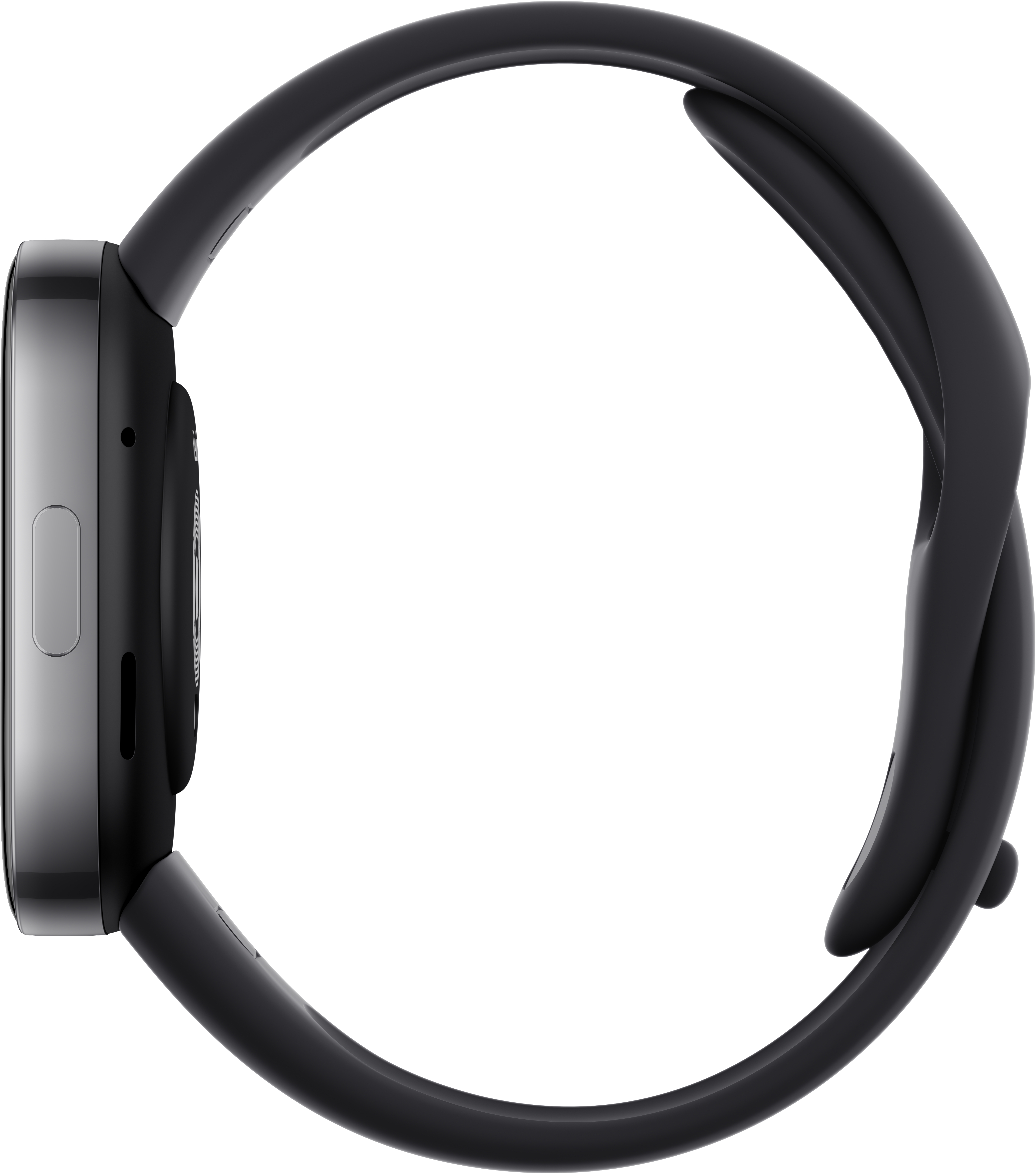 Seitenansicht einer schwarzen Smartwatch mit schwarzem Armband.