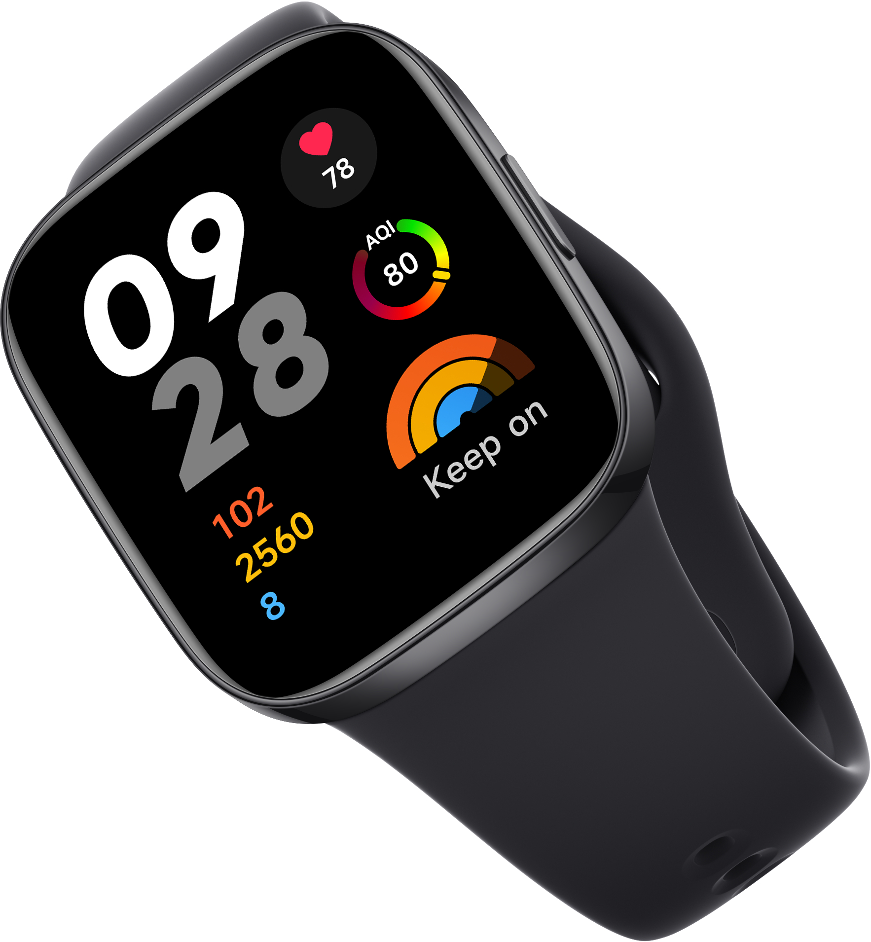 Schwarze Smartwatch mit schwarzem Armband, Bildschirm zeigt Zeit und Daten.