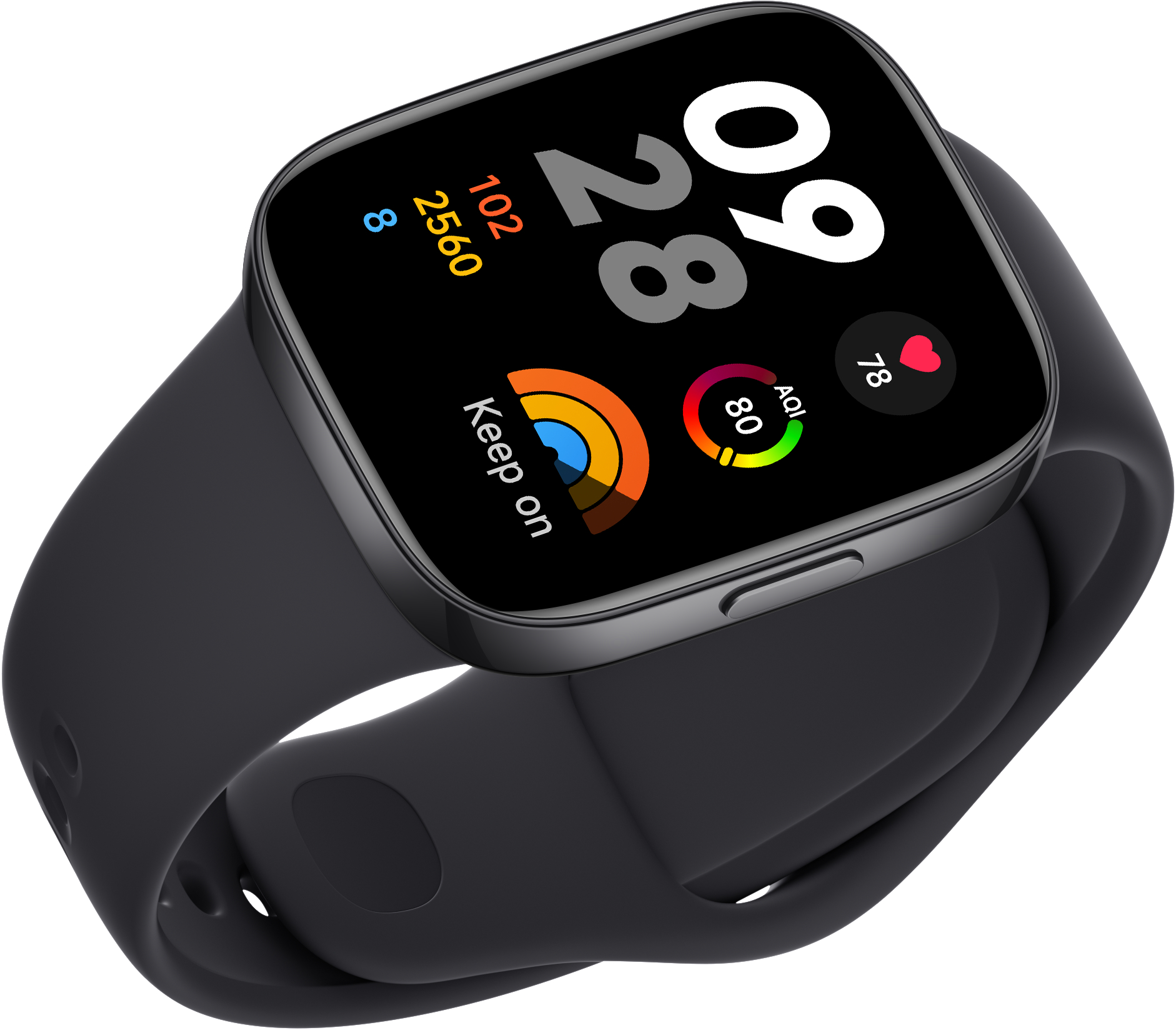 Schwarze Smartwatch mit gewölbtem Bildschirm, zeigt Zeit, Gesundheitsdaten und eine farbenfrohe Oberfläche.