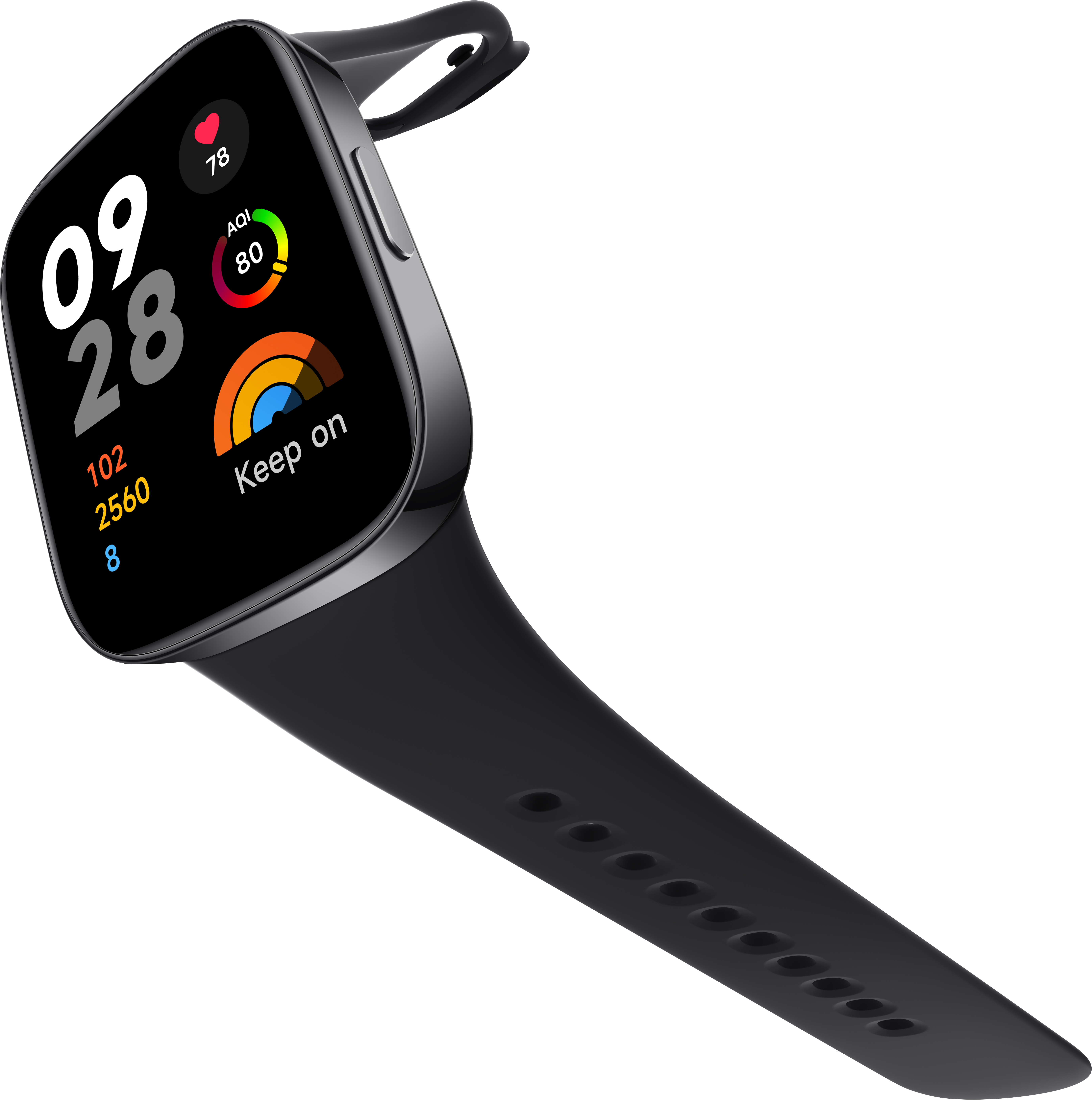 Schwarze Smartwatch mit gebogenem Display, das Daten anzeigt. Schwarzes Armband befestigt.