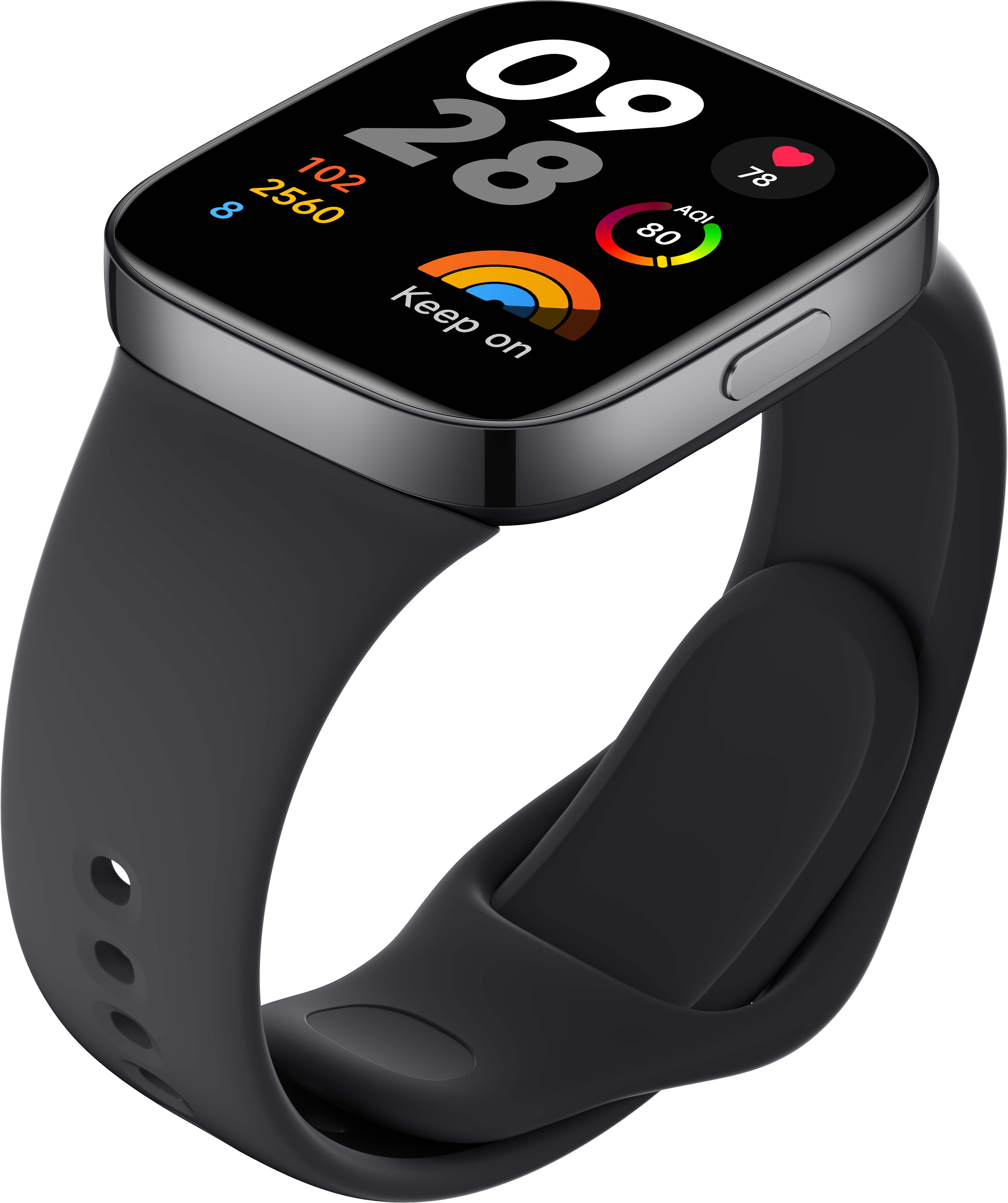 Schwarze Smartwatch mit gewölbtem Bildschirm, der Zahlen und Daten anzeigt. Schwarzes Armband mit Löchern. Die Uhr hat einen Knopf an der Seite.