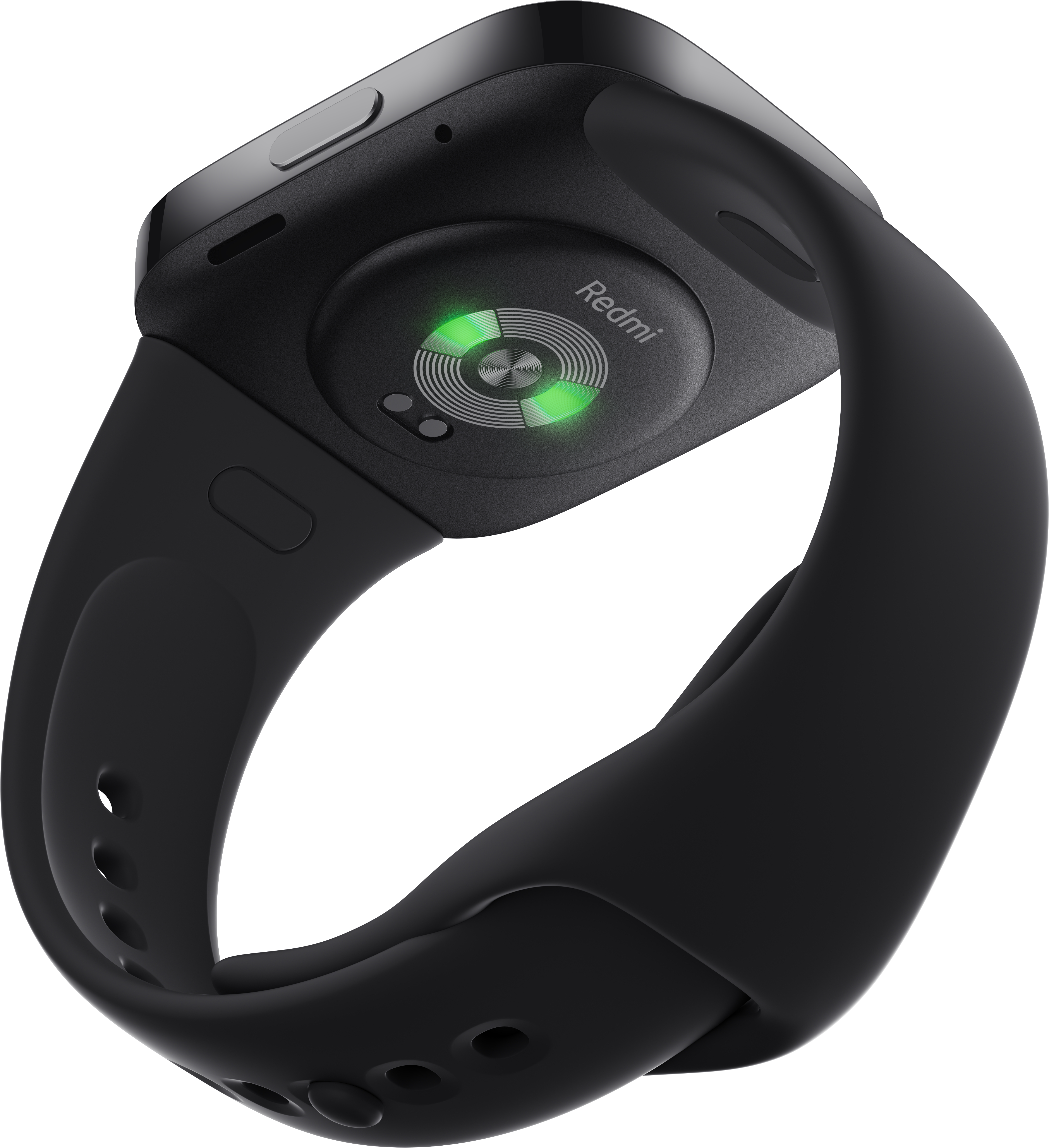 Schwarze Smartwatch-Unterseite mit Herzfrequenzsensor und Redmi-Logo.
