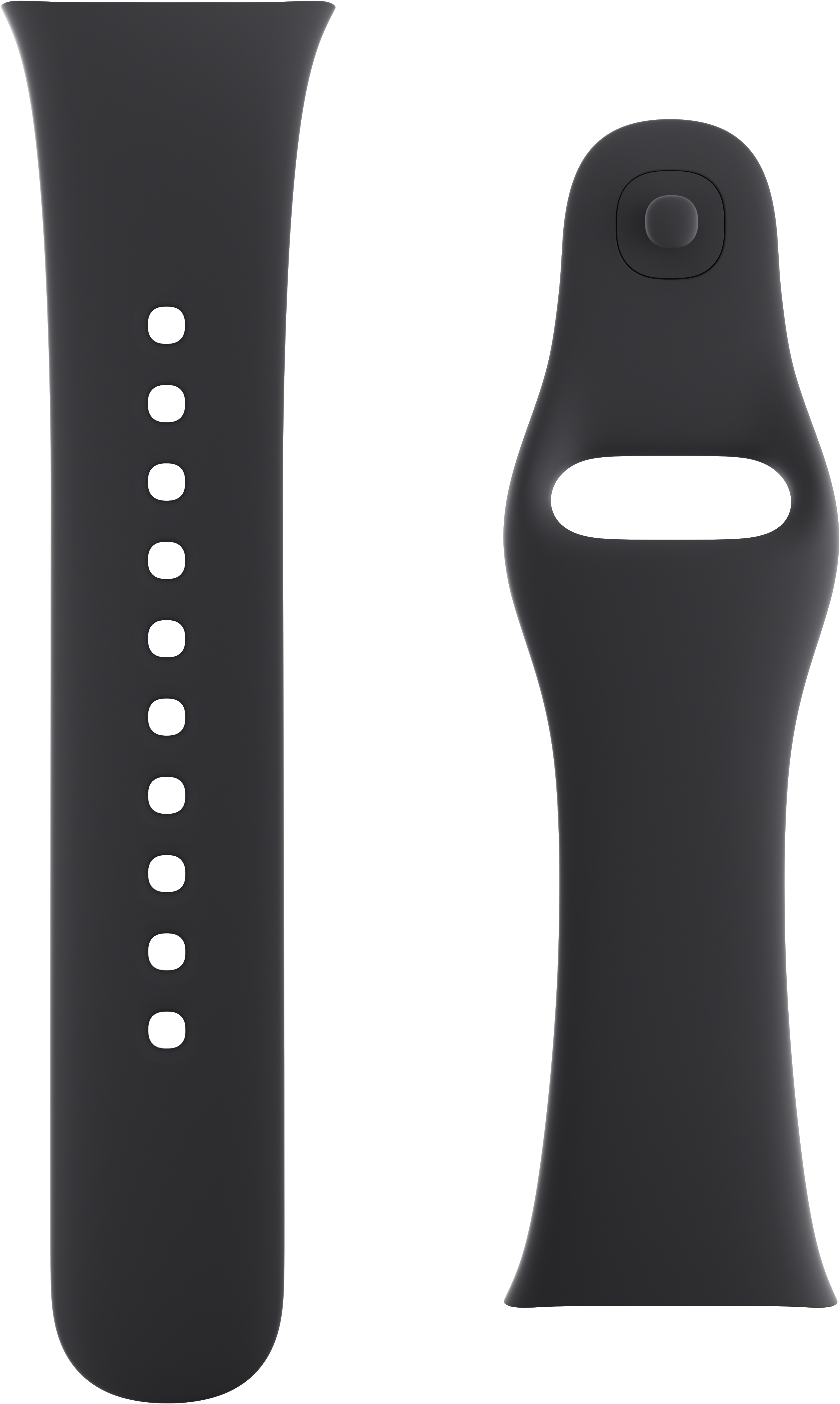 Zwei schwarze Smartwatch-Armbänder. Eines hat Löcher und das andere einen knopfartigen Verschluss.