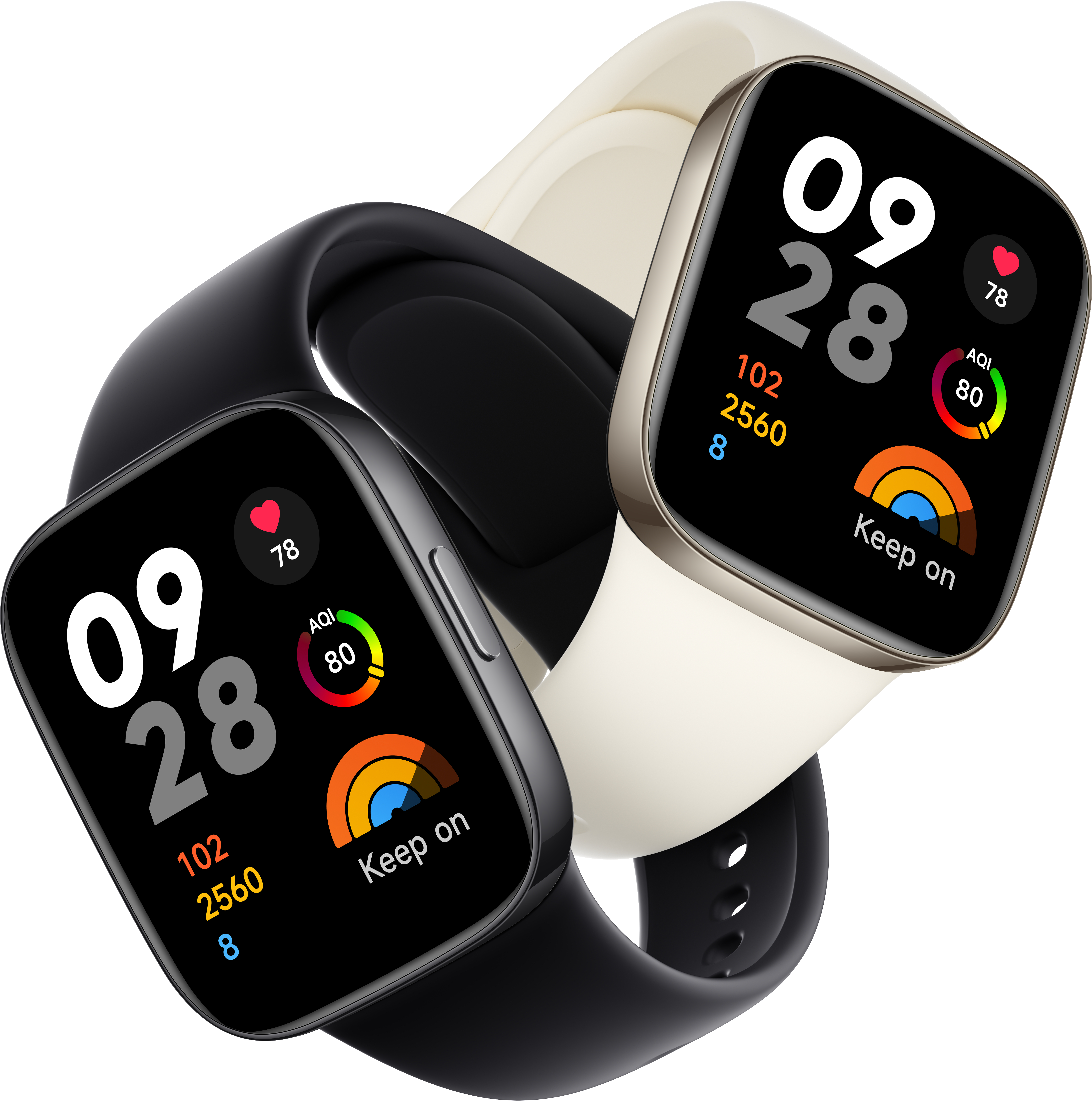 Zwei Smartwatches mit schwarzen und weißen Armbändern. Das Display zeigt Zeit, Herzfrequenz und andere Metriken.