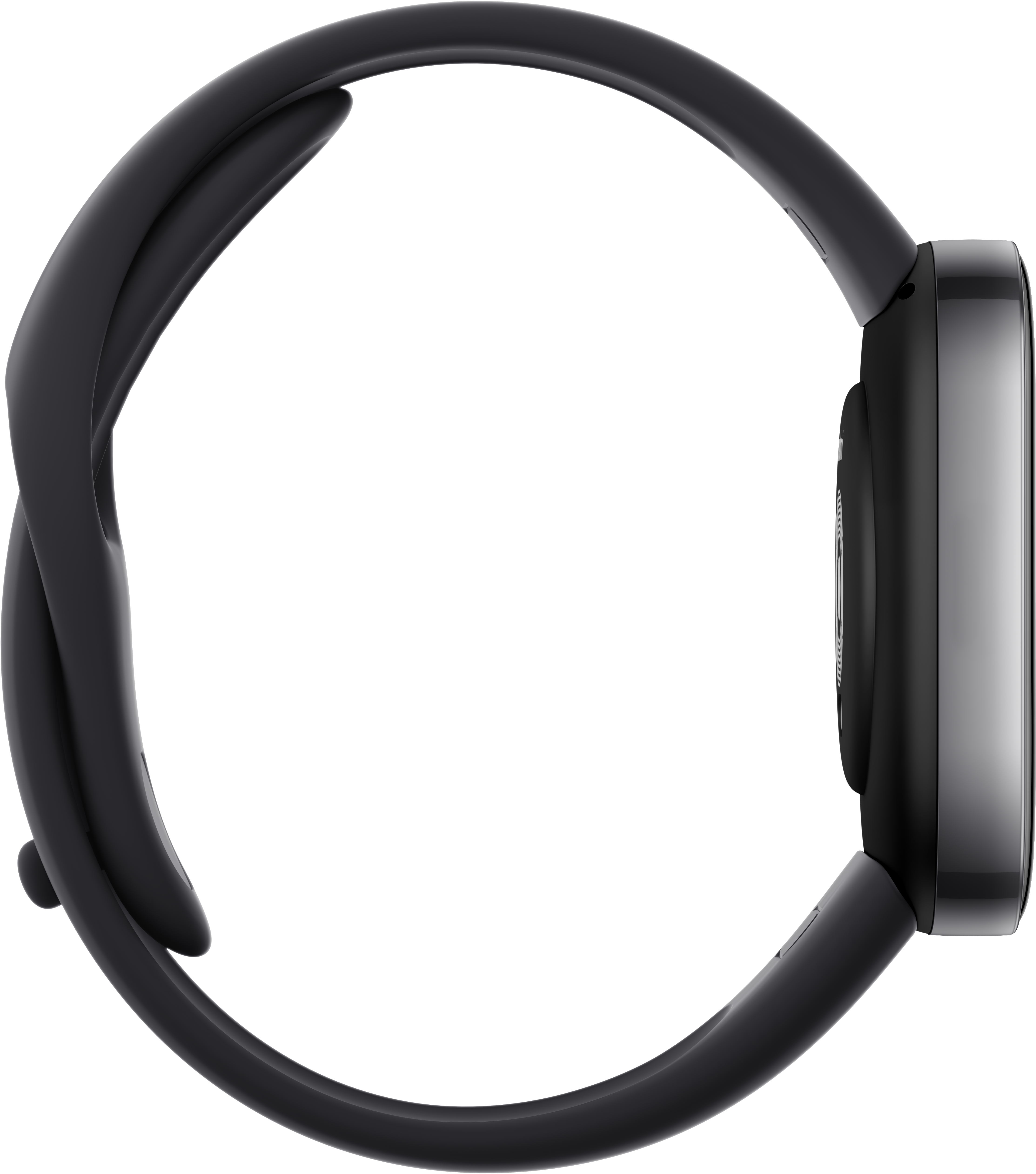 Schwarze Smartwatch mit einem gebogenen, verdrehten Band.