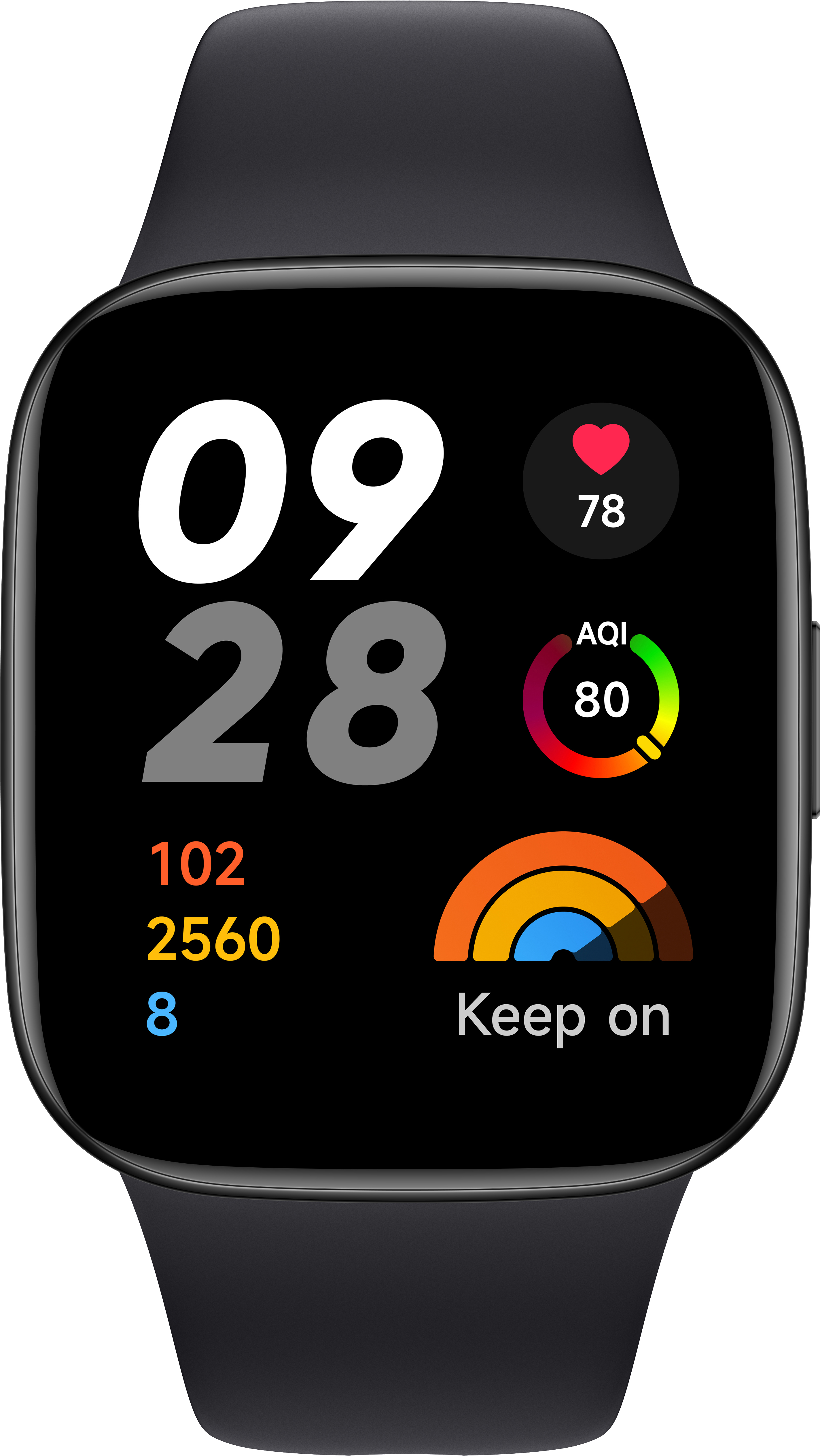Eine schwarze Smartwatch zeigt die Uhrzeit, Herzfrequenz, AQI und andere Metriken an.