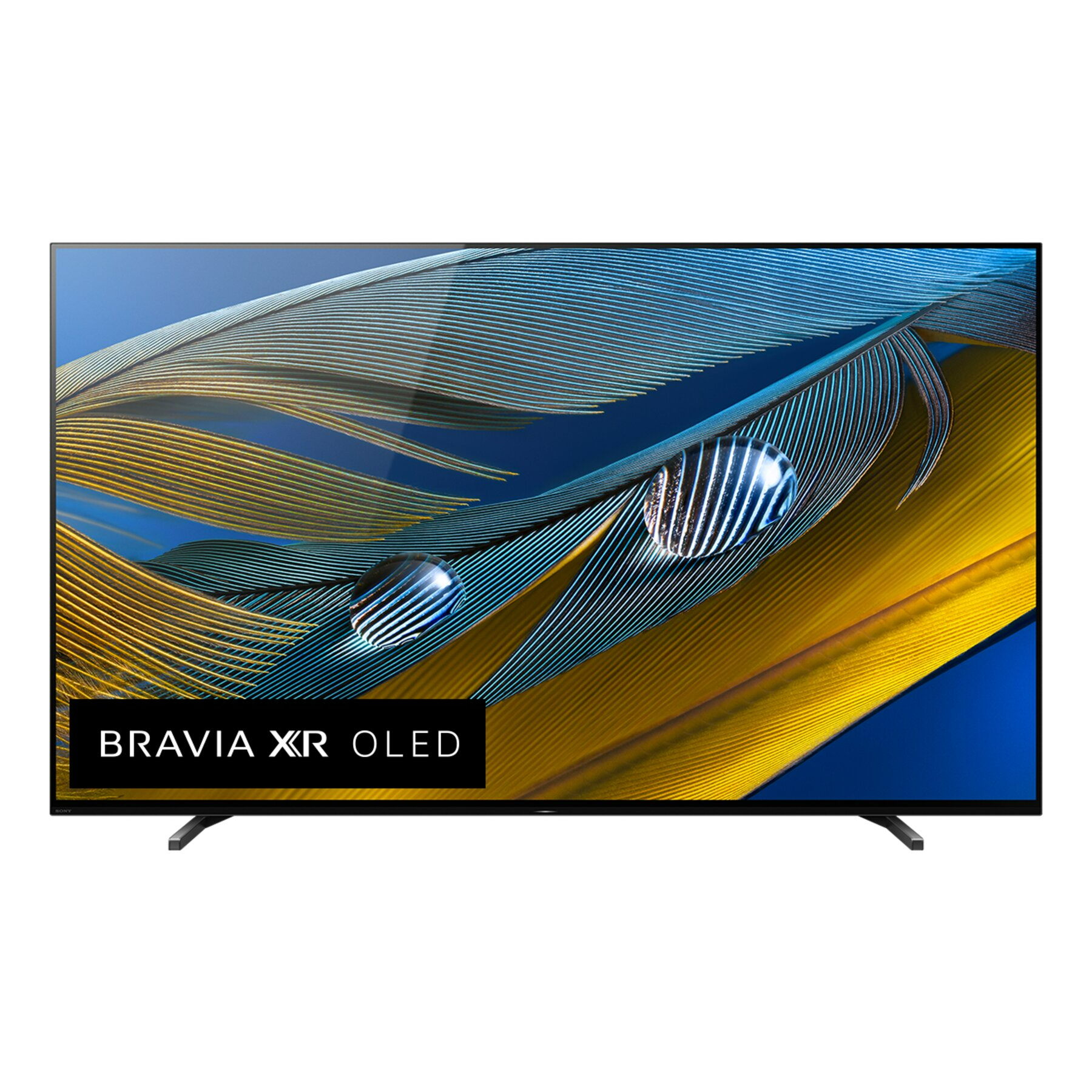 Sony BRAVIA XR OLED-Fernseher. Der Bildschirm zeigt ein blaues und gelbes abstraktes Bild.