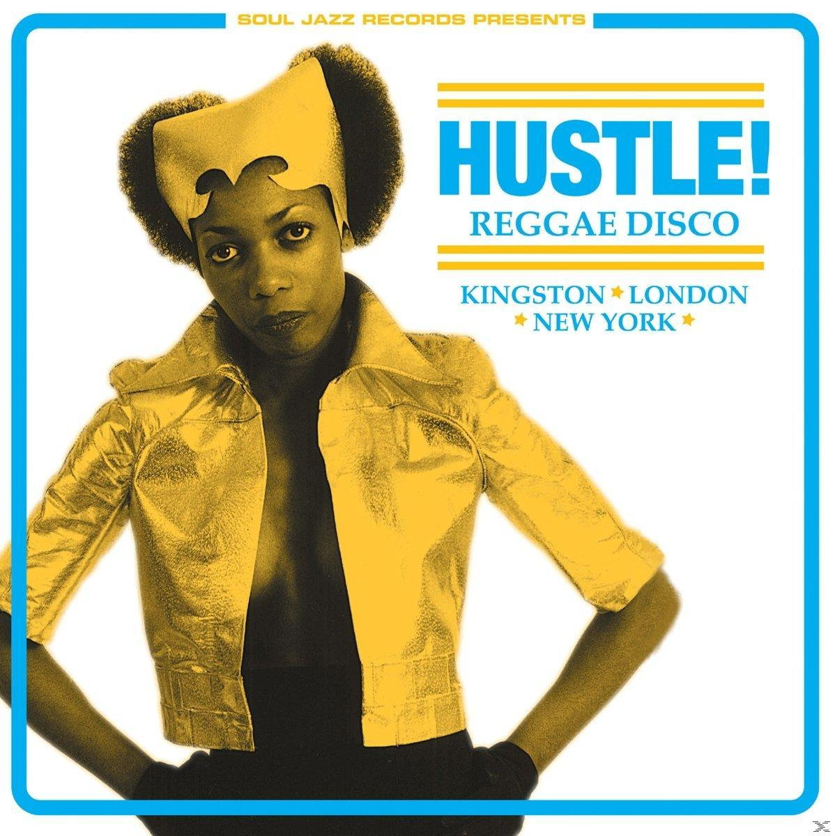 Album borító: Nő arany dzsekiben. Szöveg: Hustle! Reggae Disco.