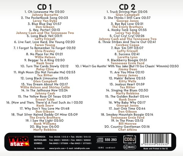 Zwei CD-Cover mit Titellisten verschiedener Country-Musik-Songs auf schwarzem Hintergrund.
