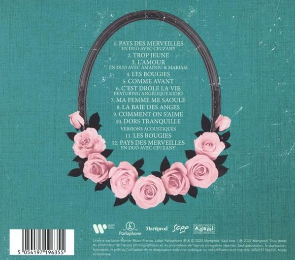 Albumcover mit Text und rosa Rosen um einen Rahmen.
