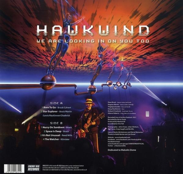 Albumcover: Hawkwind, Bandname, Albumtitel und Trackliste.