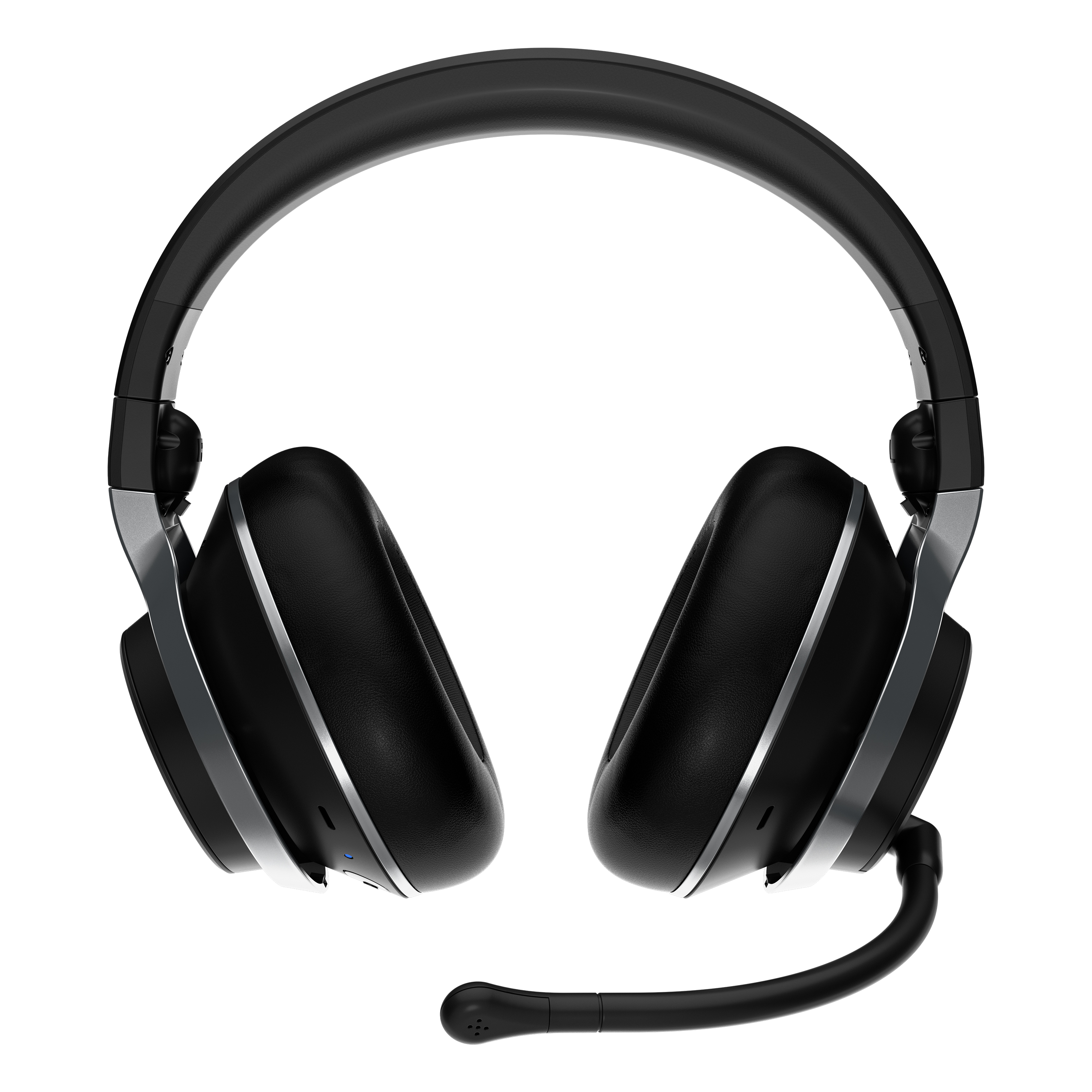 Schwarze Over-Ear-Kopfhörer mit Mikrofon, das sich von einer Ohrmuschel aus erstreckt, auf weißem Hintergrund.