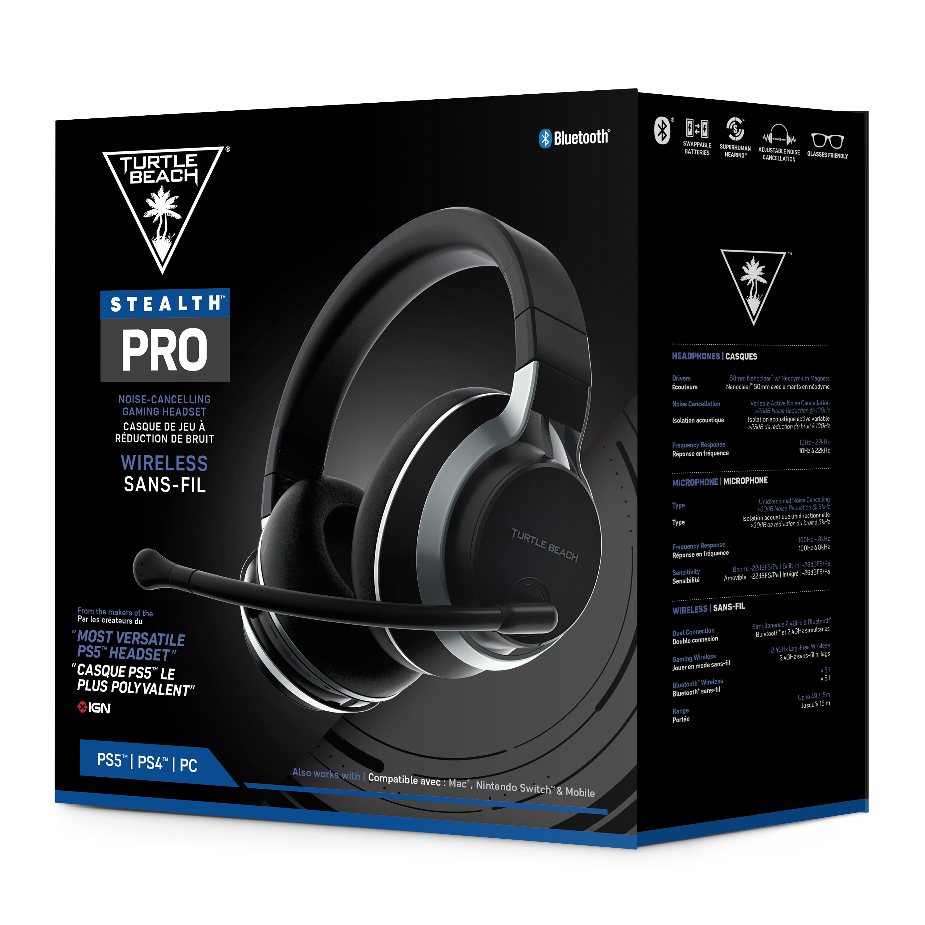 Eine schwarze und silberne Gaming-Headset-Box. Es steht Stealth Pro mit Geräuschunterdrückung.