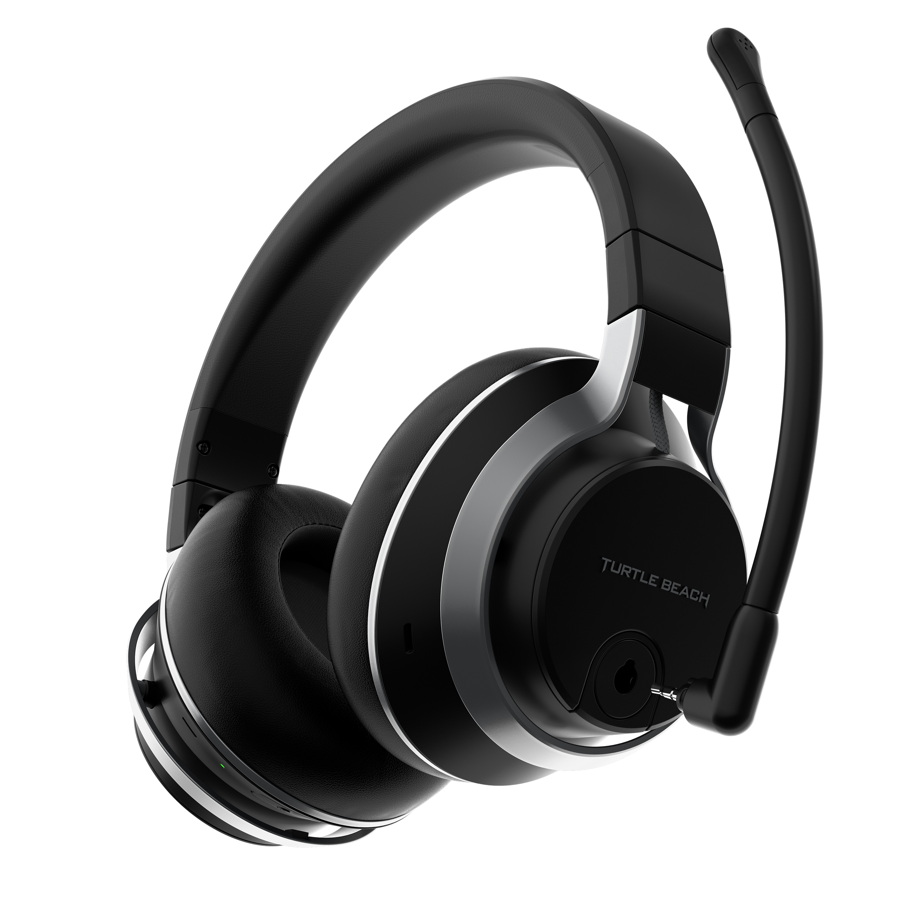 Schwarzes Turtle Beach Gaming-Headset mit Mikrofon. Silberne Akzente und schwarze Ohrmuscheln.