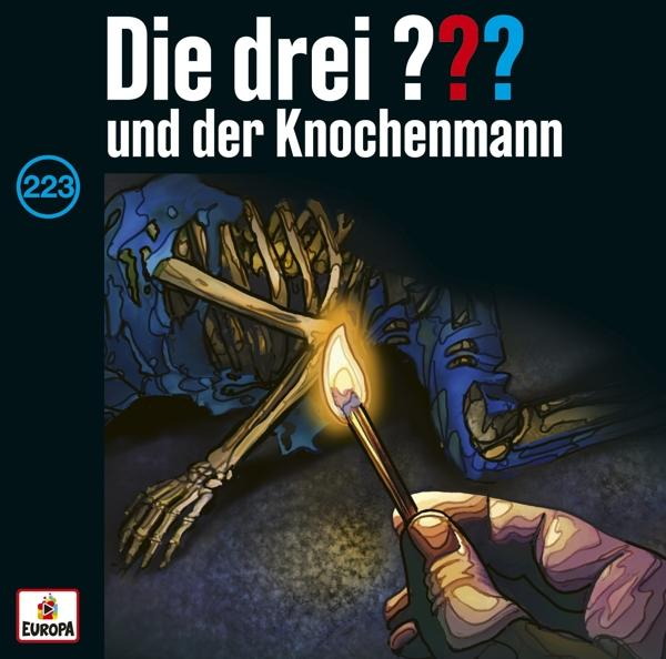 Comic-Cover: Ein Skelett wird von einem Streichholz beleuchtet. Text auf Deutsch: 'Die drei ??? und der Knochenmann'.