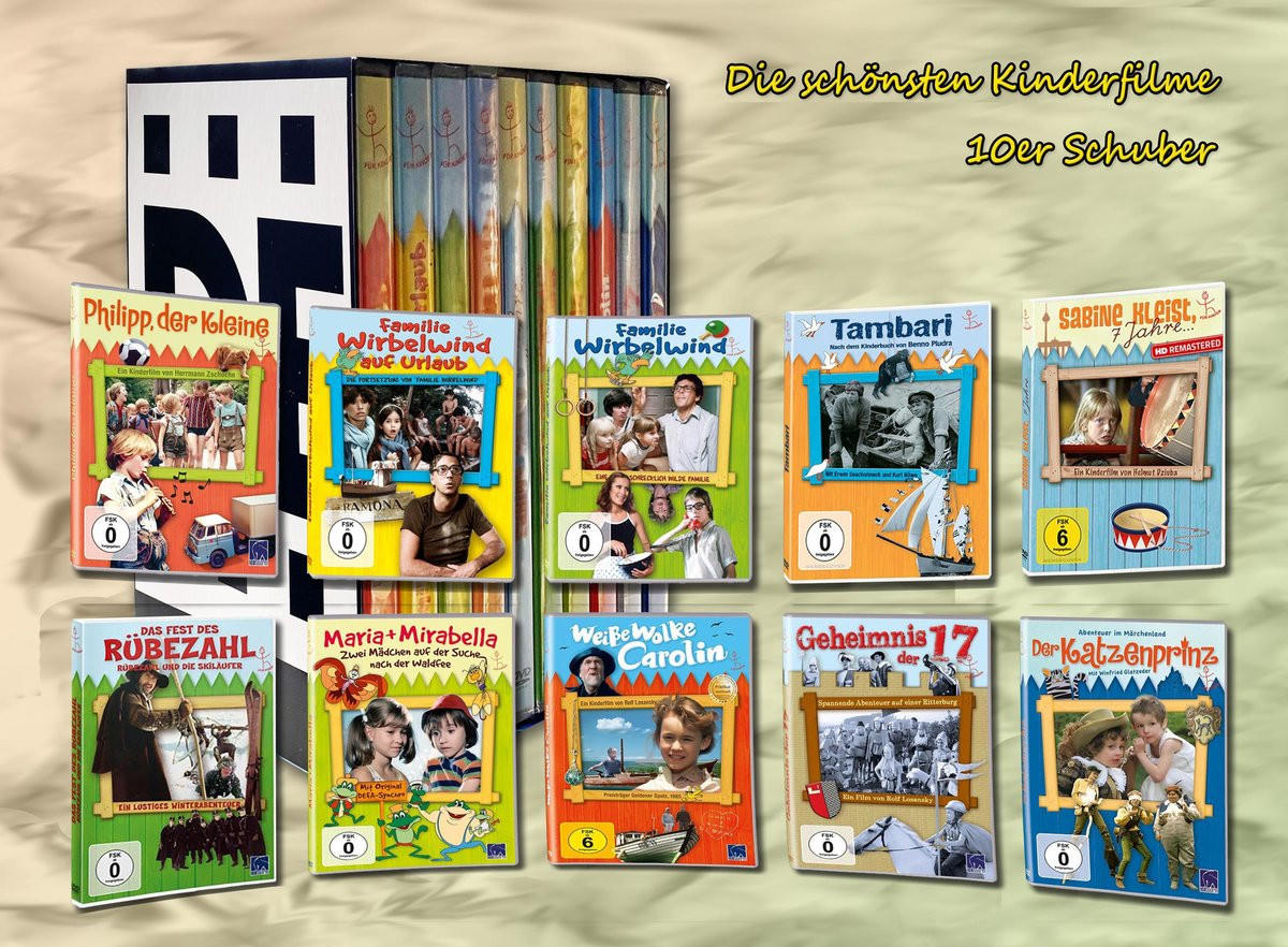 Eine Sammlung von Kinderfilm-DVDs in einer Box, mit verschiedenen bunten Covern und Text.