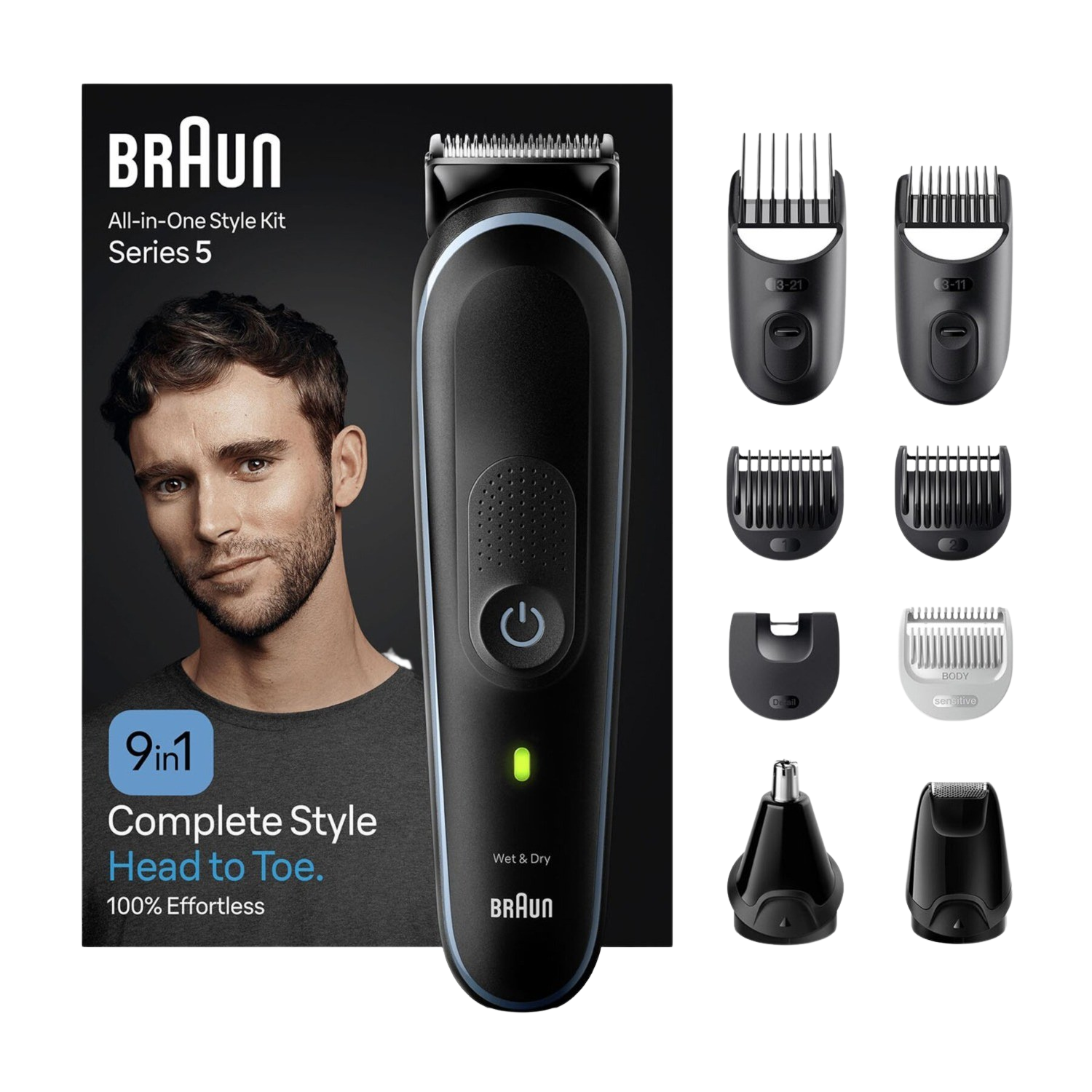 Kit de style tout-en-un Braun Série 5 avec homme et accessoires de coupe.
