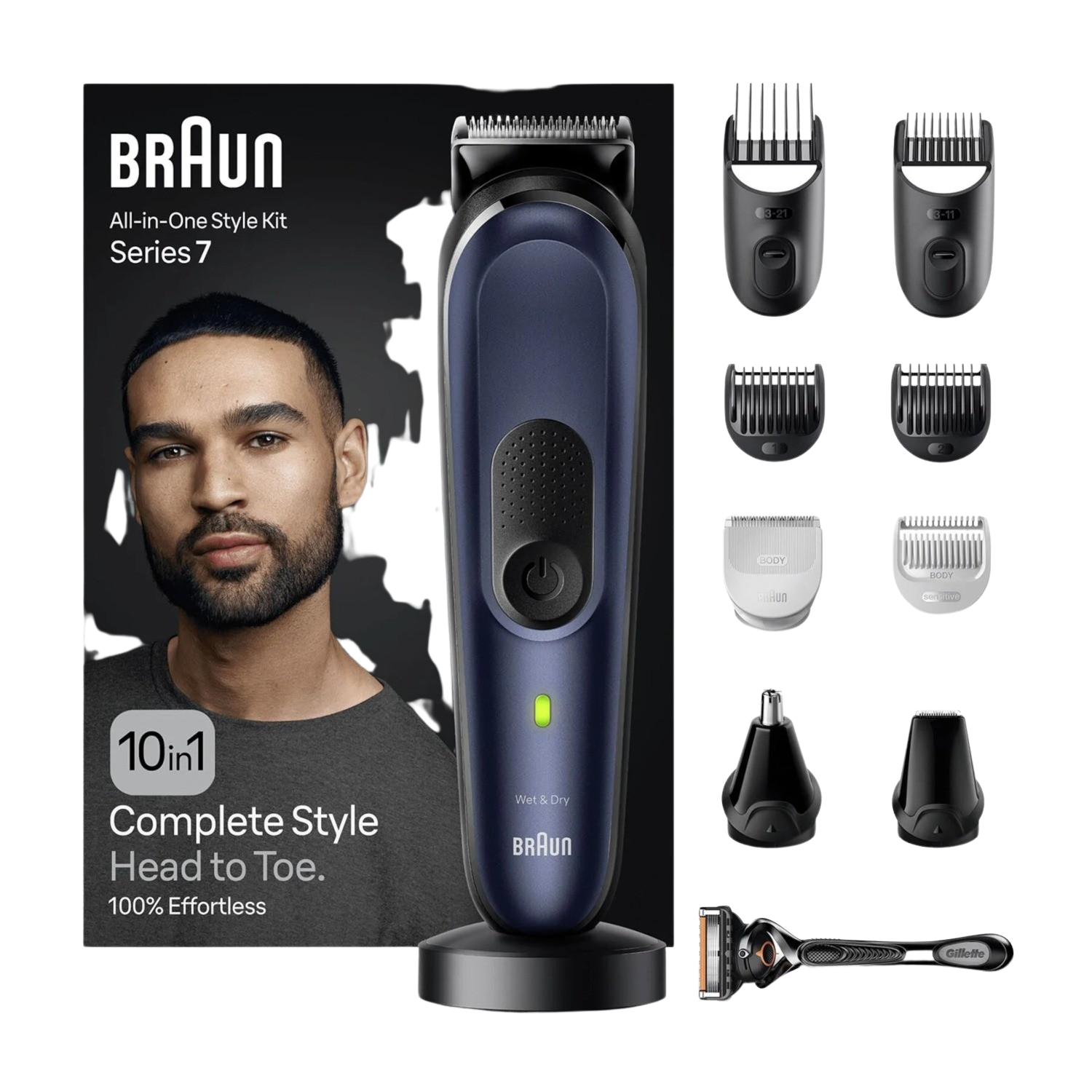 Kit de toilettage pour hommes Braun Series 7, avec un homme, une tondeuse, des accessoires et des compléments sur fond noir.