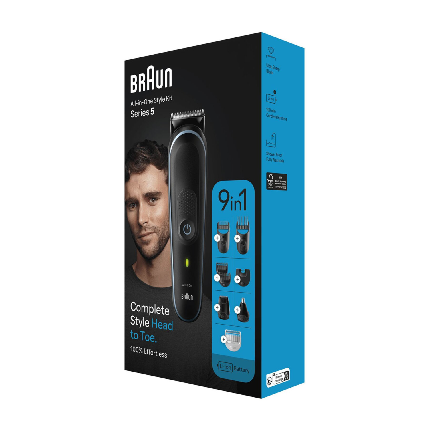 Boîte du kit de style tout-en-un Braun Series 5. Contient tondeuse, accessoires et visage d'homme.