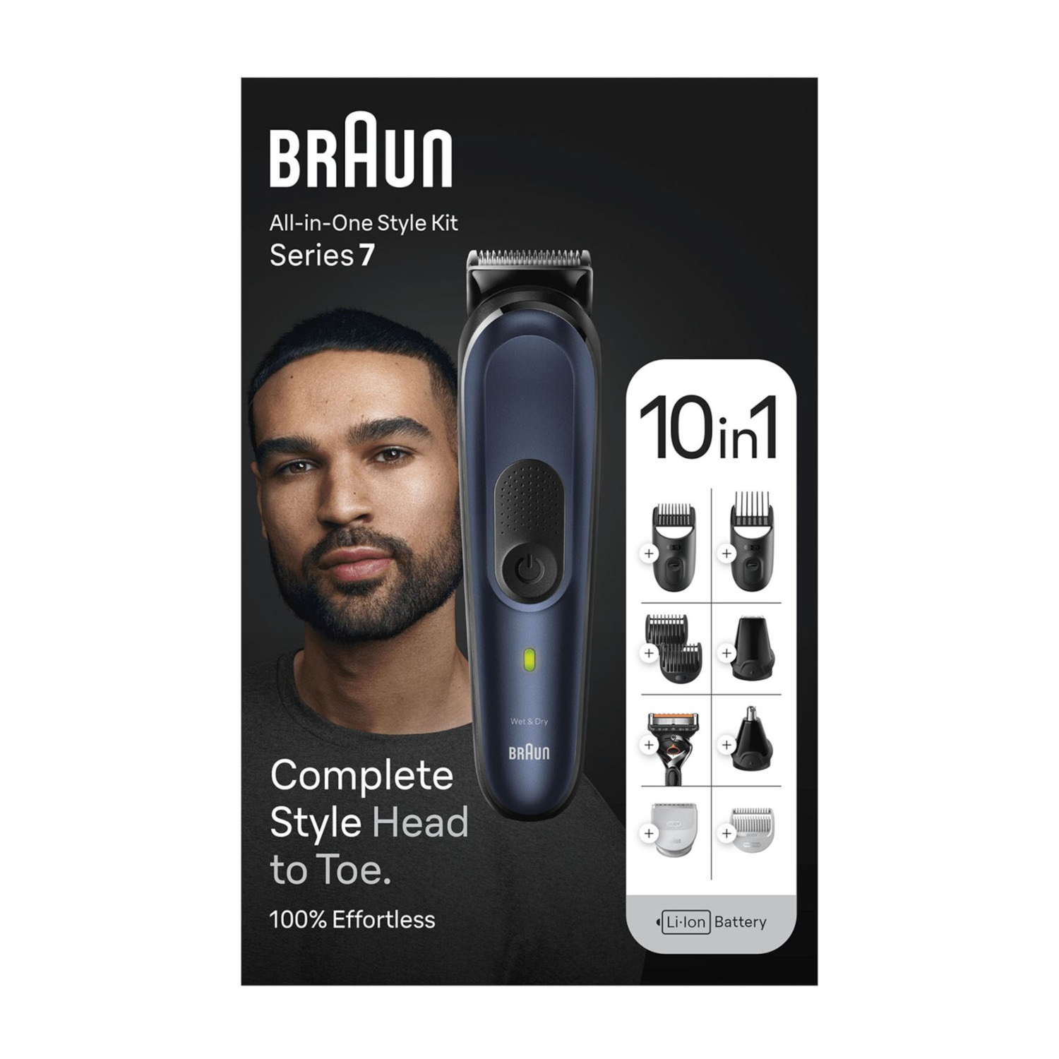 Braun All-in-One Style Kit Série 7 avec le visage d'un homme. Montre l'appareil et ses accessoires.