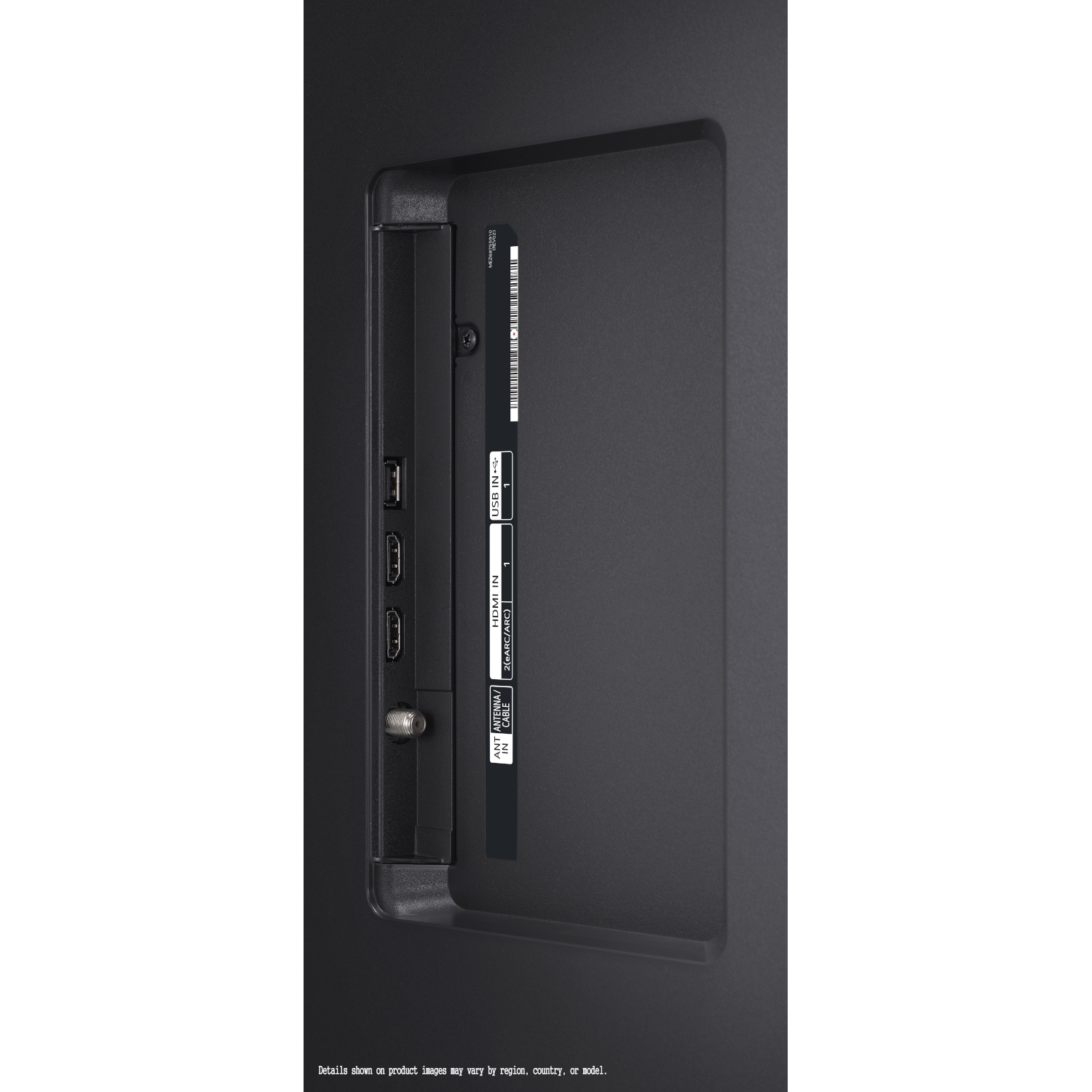 Achterkant van een zwarte LG TV met poorten: HDMI, USB, antenne en andere aansluitingen.