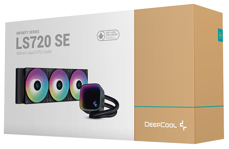 Egy termékdoboz CPU-hűtővel és alkatrészeivel. A doboz barna és fehér.